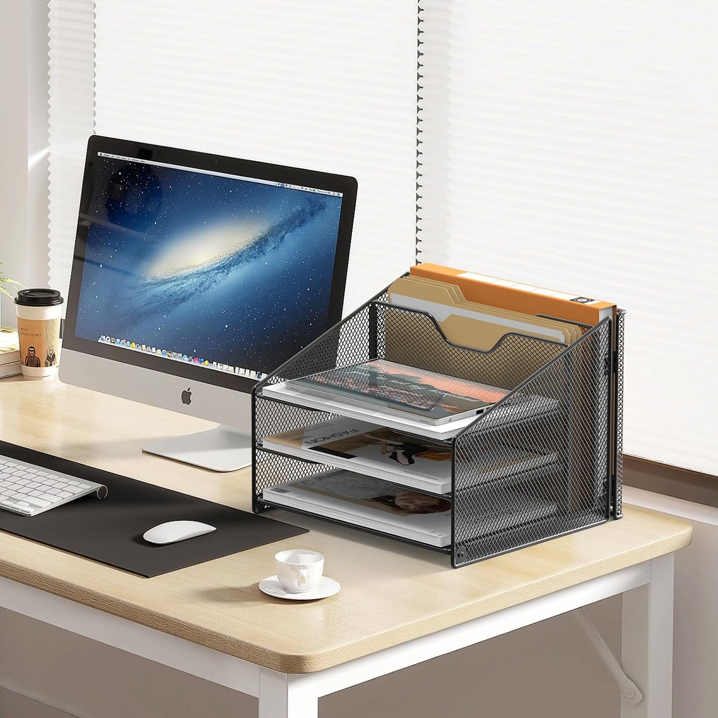 Samstar Desk File Organizer, Mesh Letter File Folder Holder with 3 Paper Trays and 2 Vertical Upright Section, for