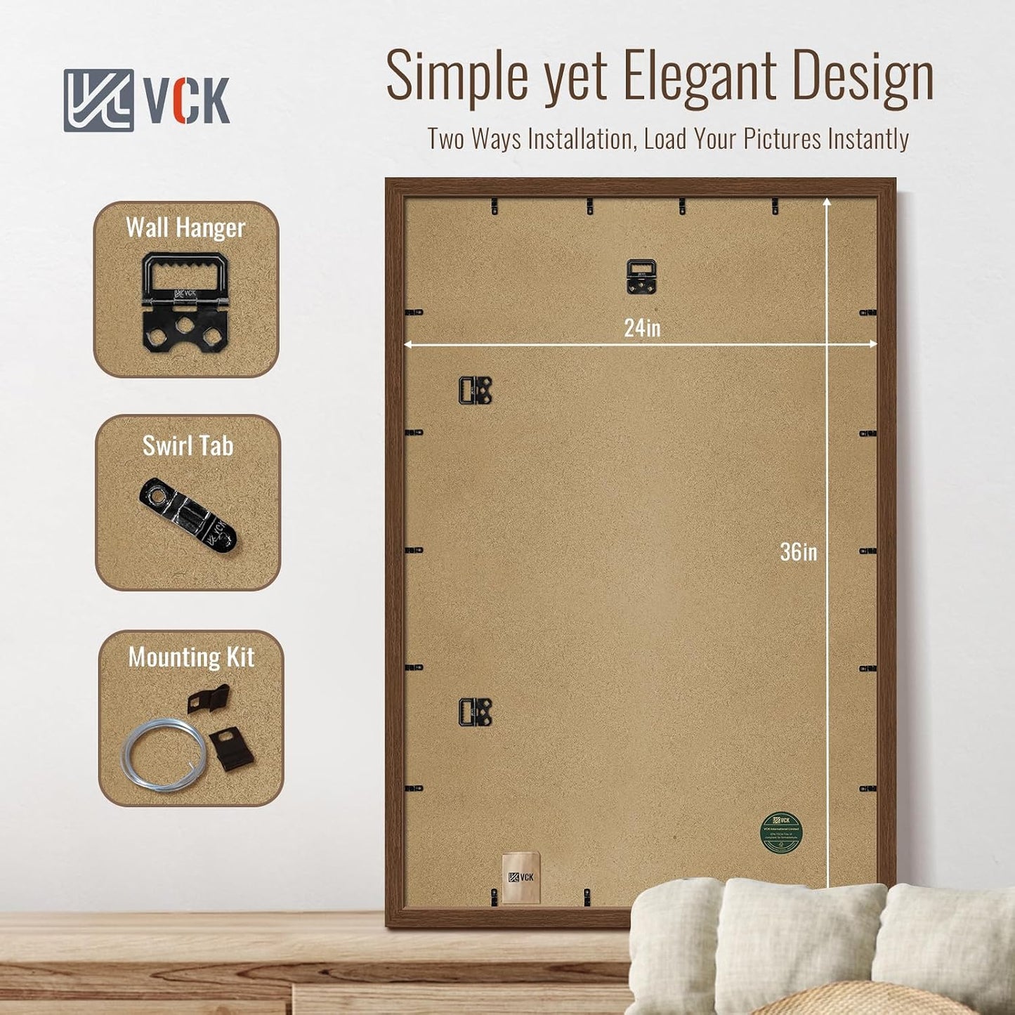 VCK 24x36 Poster Frame Brown 4 Pack, Wide Thick Wood Border, for Prints | Exclusive Woodgrain, Wall Hanging, HD