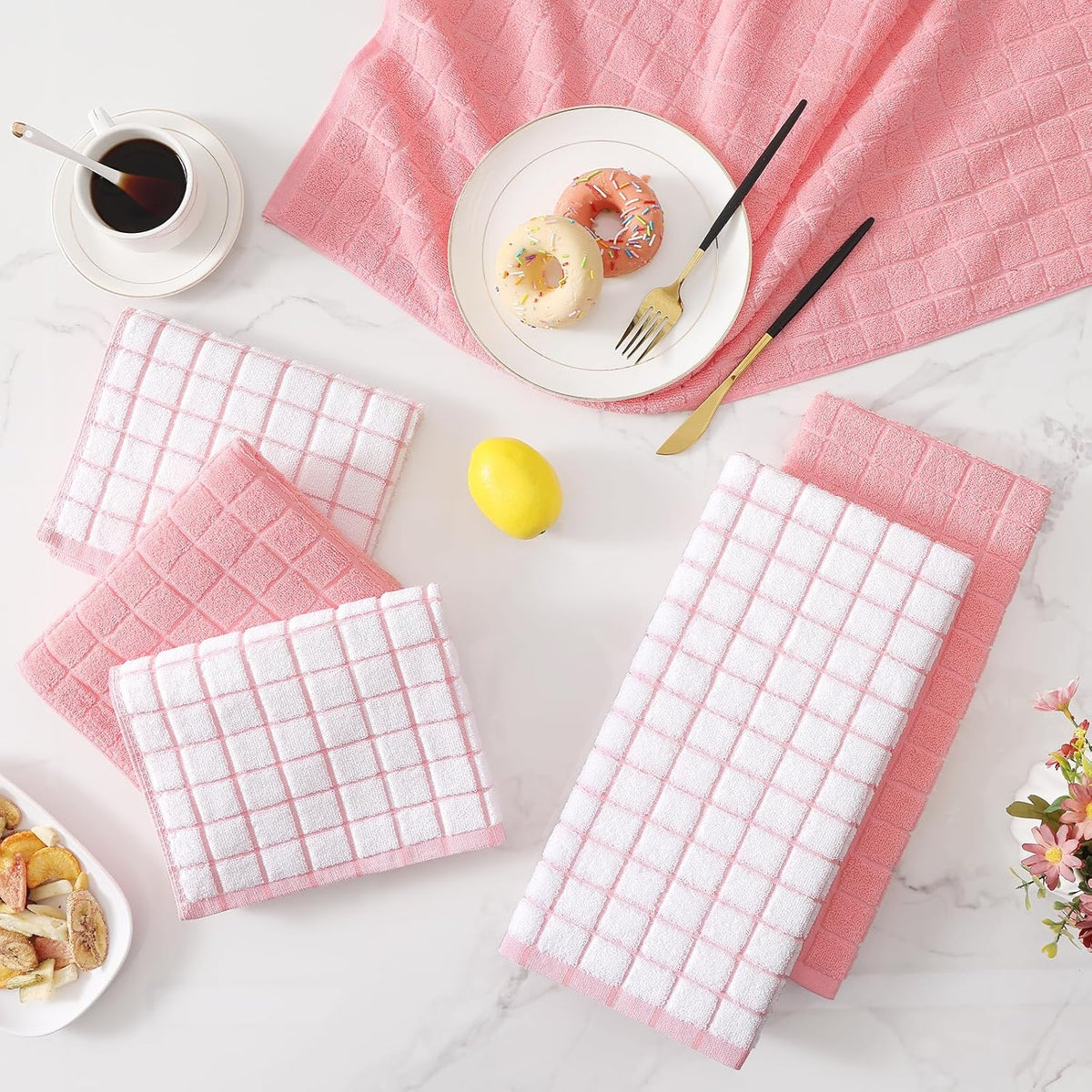 Homaxy Large Premium Cotton Kitchen Towels 16"x 28", 12 Pack, Pink | Natural Ring Spun 390 GSM Dish Towels, Super