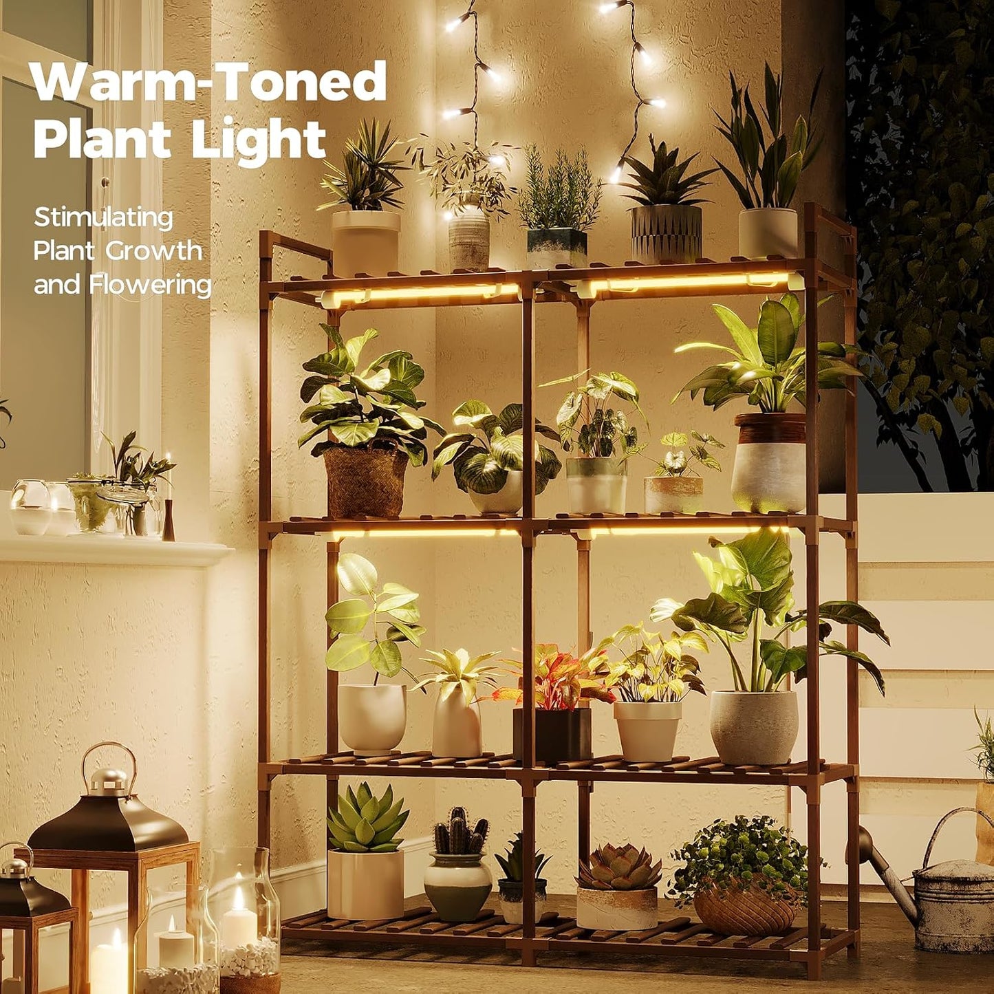 Bamworld Plant Stand with Grow Lights for Indoor Plants Wood Plant Shelf | 4 Tier Large Flower Stand for Mutiple Plant