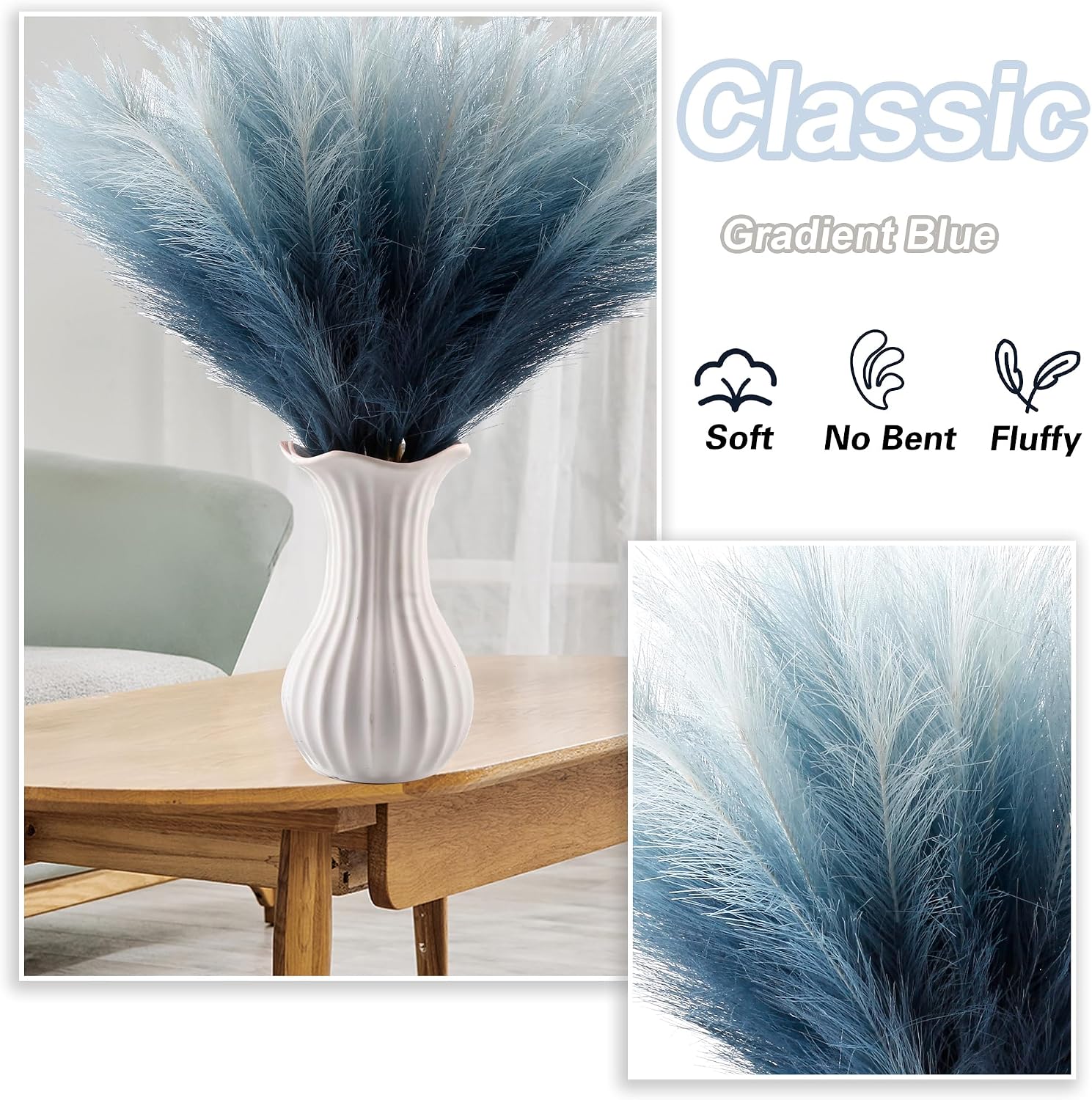 21.7" Pompas Grass Flower Arrangement and Vase Filler / 21.7'' Tall Navy Blue Gradient / Set of 60