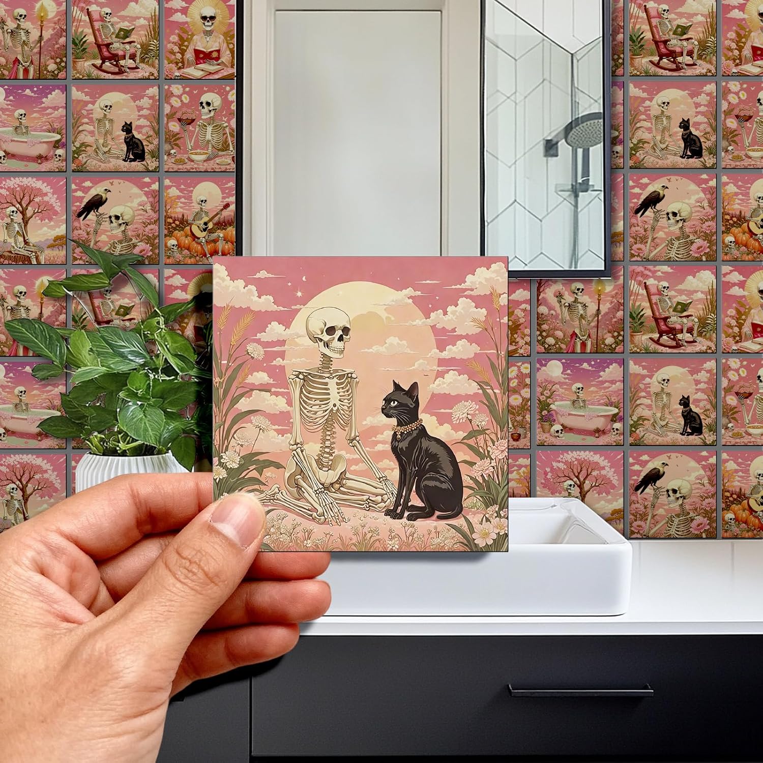 9 Style Tile Stickers Skulls Peel and Stick Dreamlike Style Wall Tile / Pink Scene / Set of 36