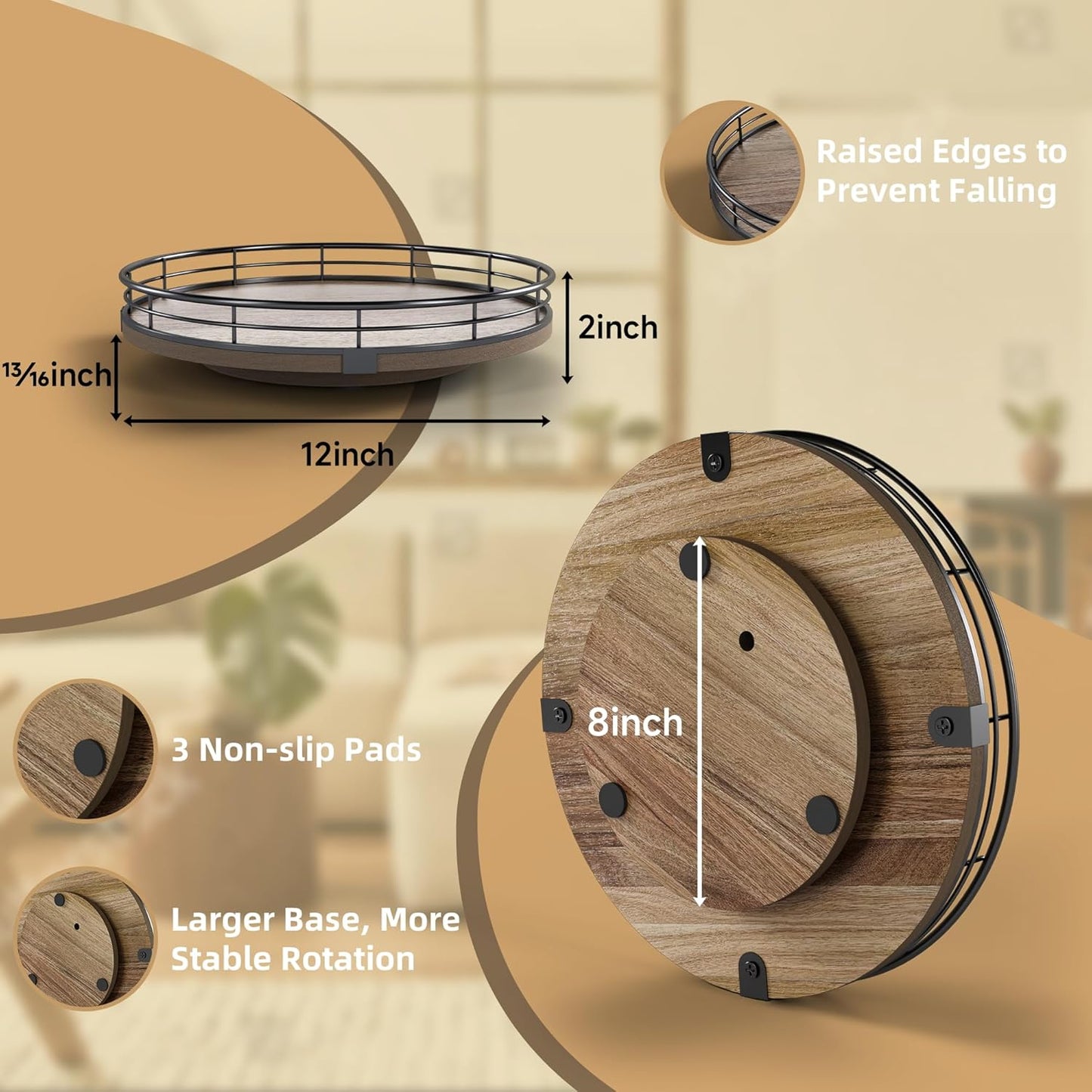 Acacia Wood 12" Lazy Susan Turntable Organizer / Set of 12