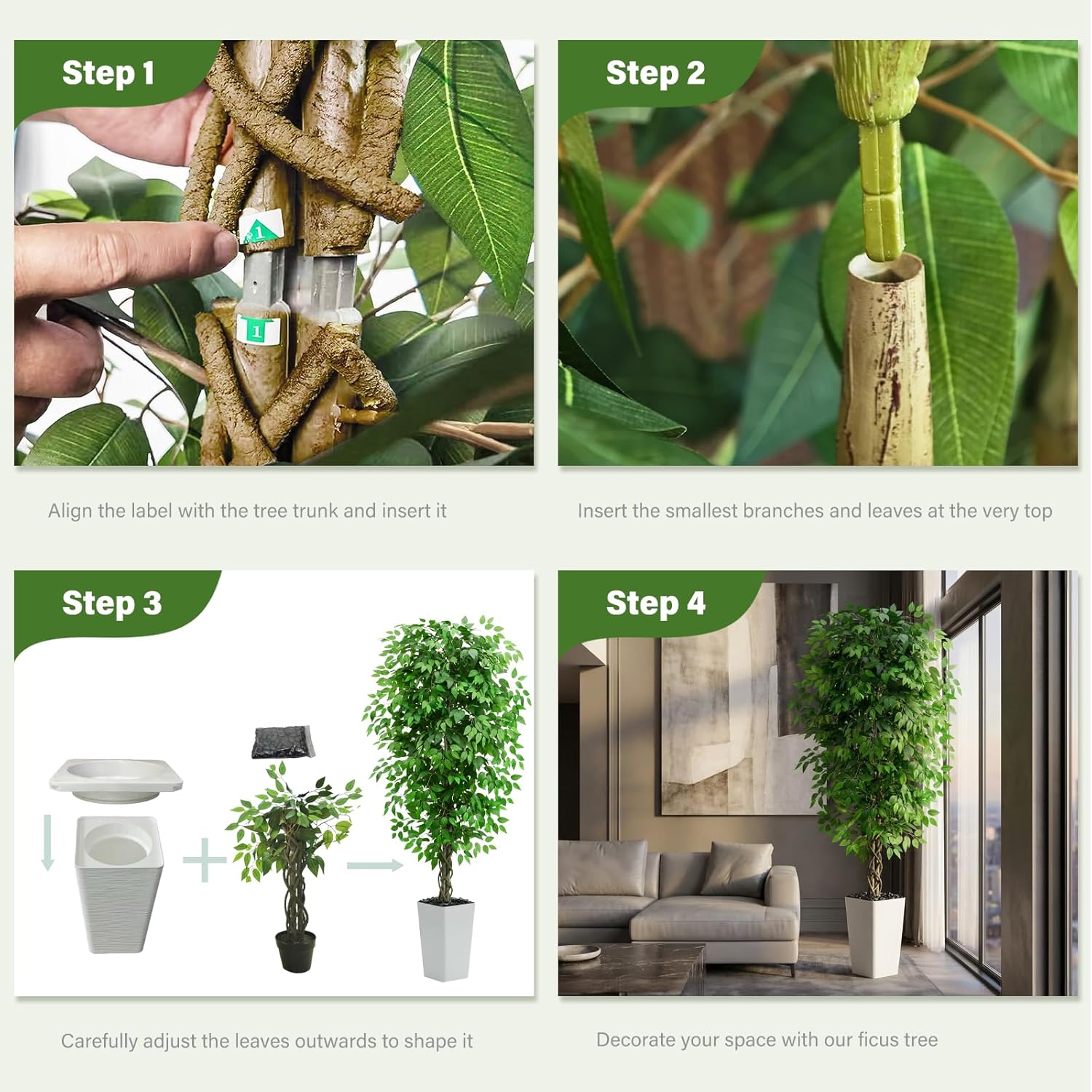 Artificial Ficus Tree Faux Plants Indoor Tall Fake Plants / 6FT / White / 6 Inch