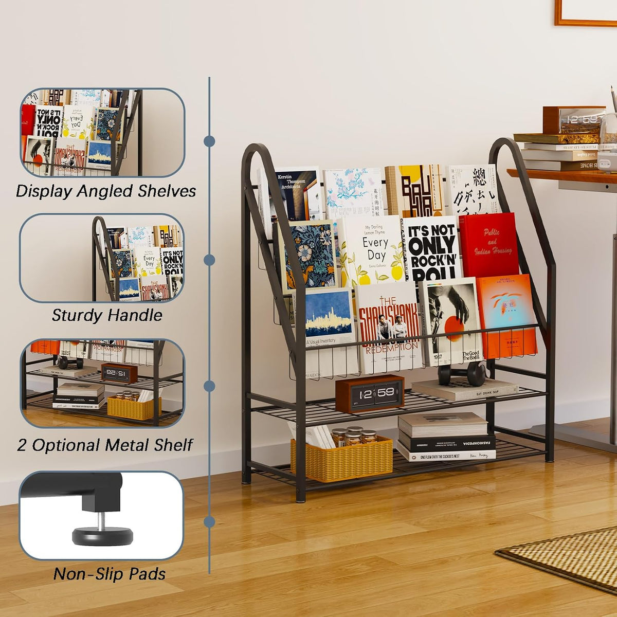 Arbuxzuy Magazine Rack Small Metal for Storage Freestanding 11.8" D x 32.3" W x 38.2" H, Sofa Height Book Shelf Short