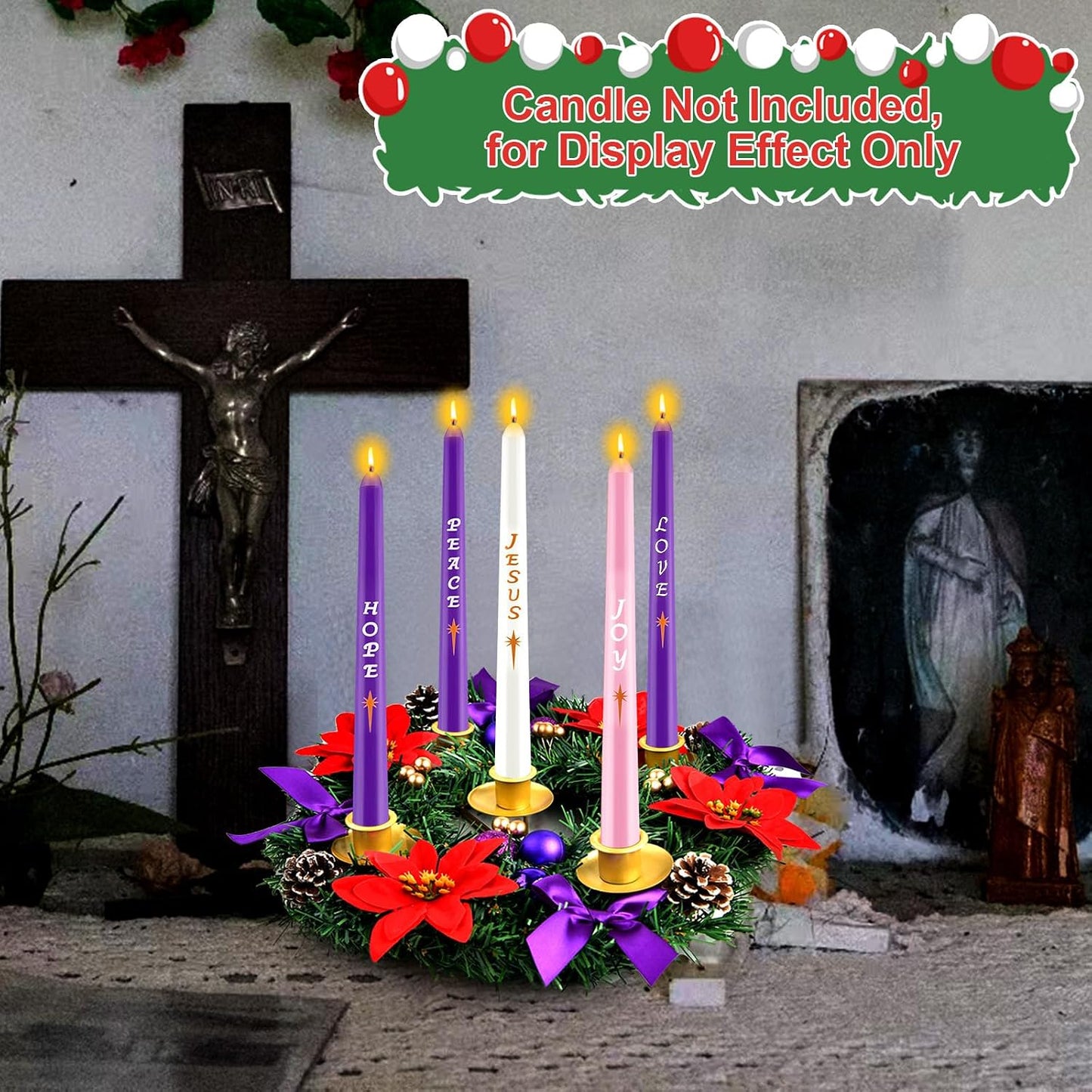 12 Inch Christmas Advent Wreath 5 Candle Holder with Metal Candle Cups for Taper Candles Fire Retardant Centerpiece