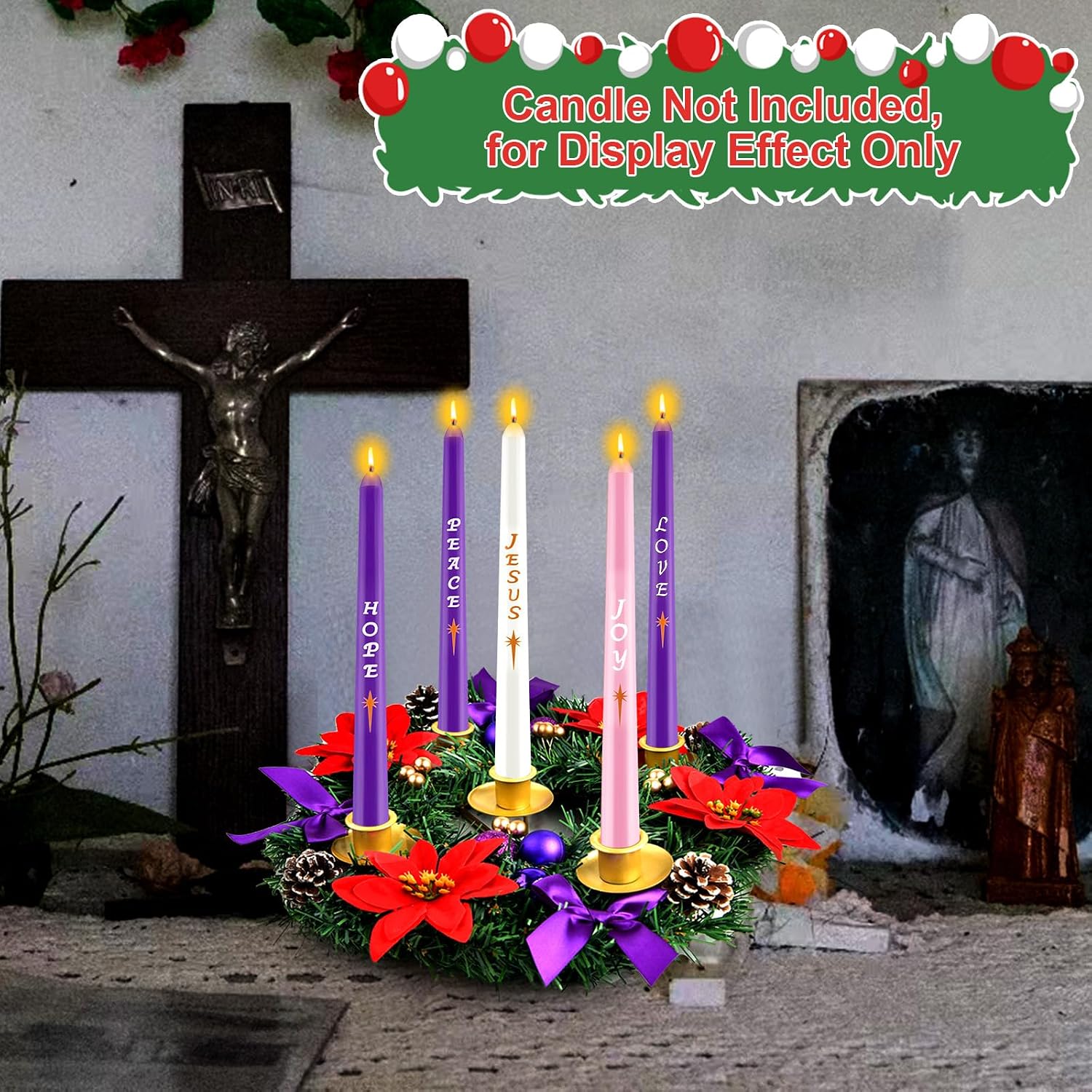 12 Inch Christmas Advent Wreath 5 Candle Holder with Metal Candle Cups for Taper Candles Fire Retardant Centerpiece