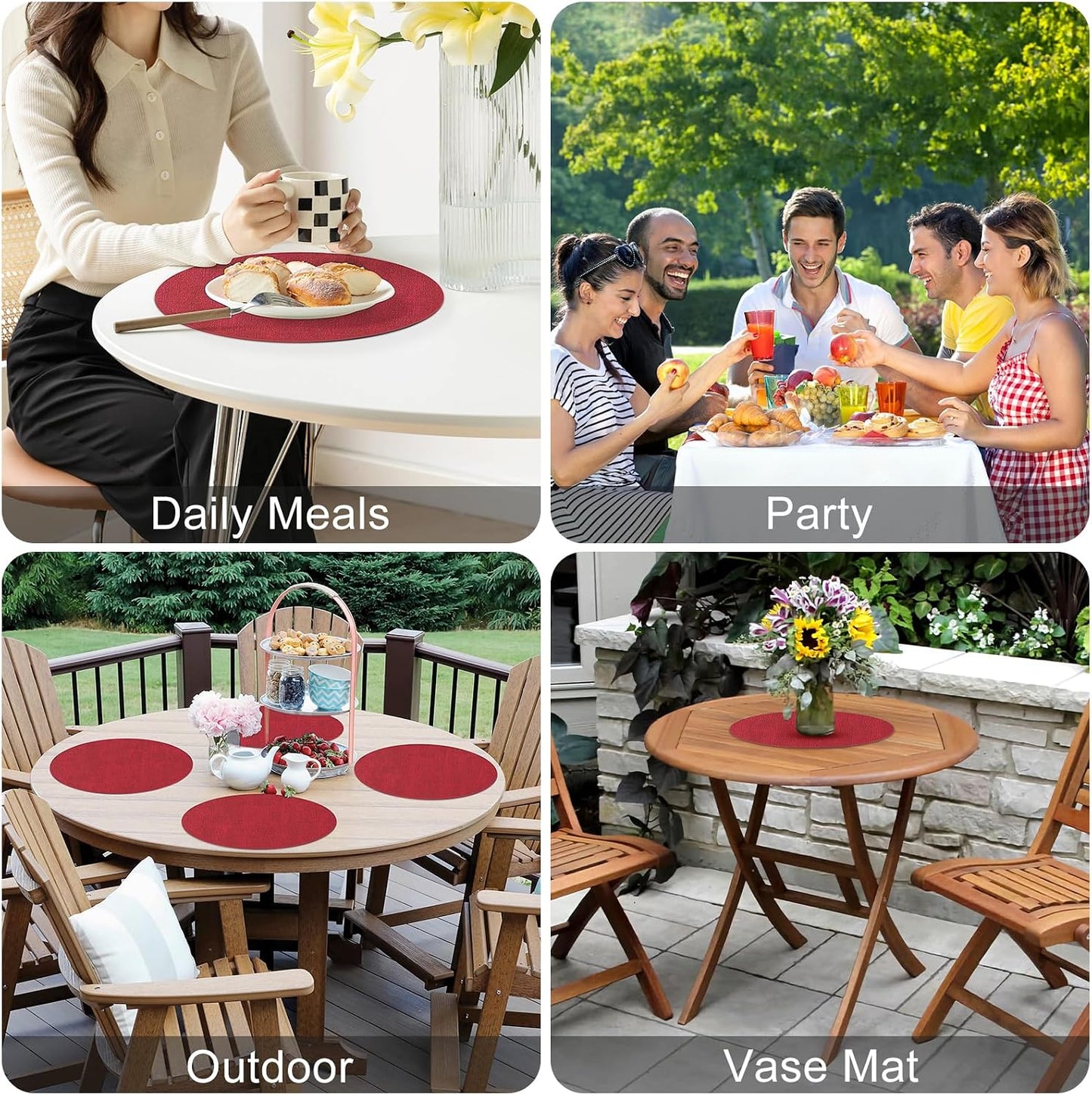 Homaxy Round Faux Leather Placemats and Coasters, Set of 8, Red | Washable Dual-side Table Mats, Wipeable Place Mats