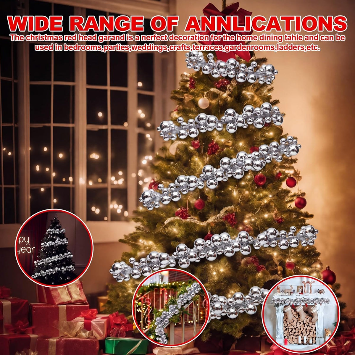 2 Pcs 15 ft Christmas Ball Ornament Garland, Silver | Bauble Bulb Christmas Tree Ball Decoration Shatterproof Ornaments