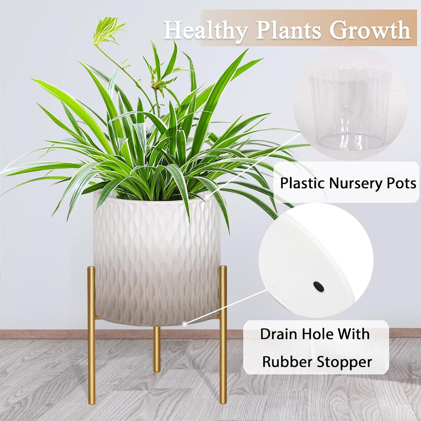 ARNIS Plants Pots with Stand, Set of 2 Indoor Planter Pots, Unique Mid Century Decorative Metal Flower Pots with