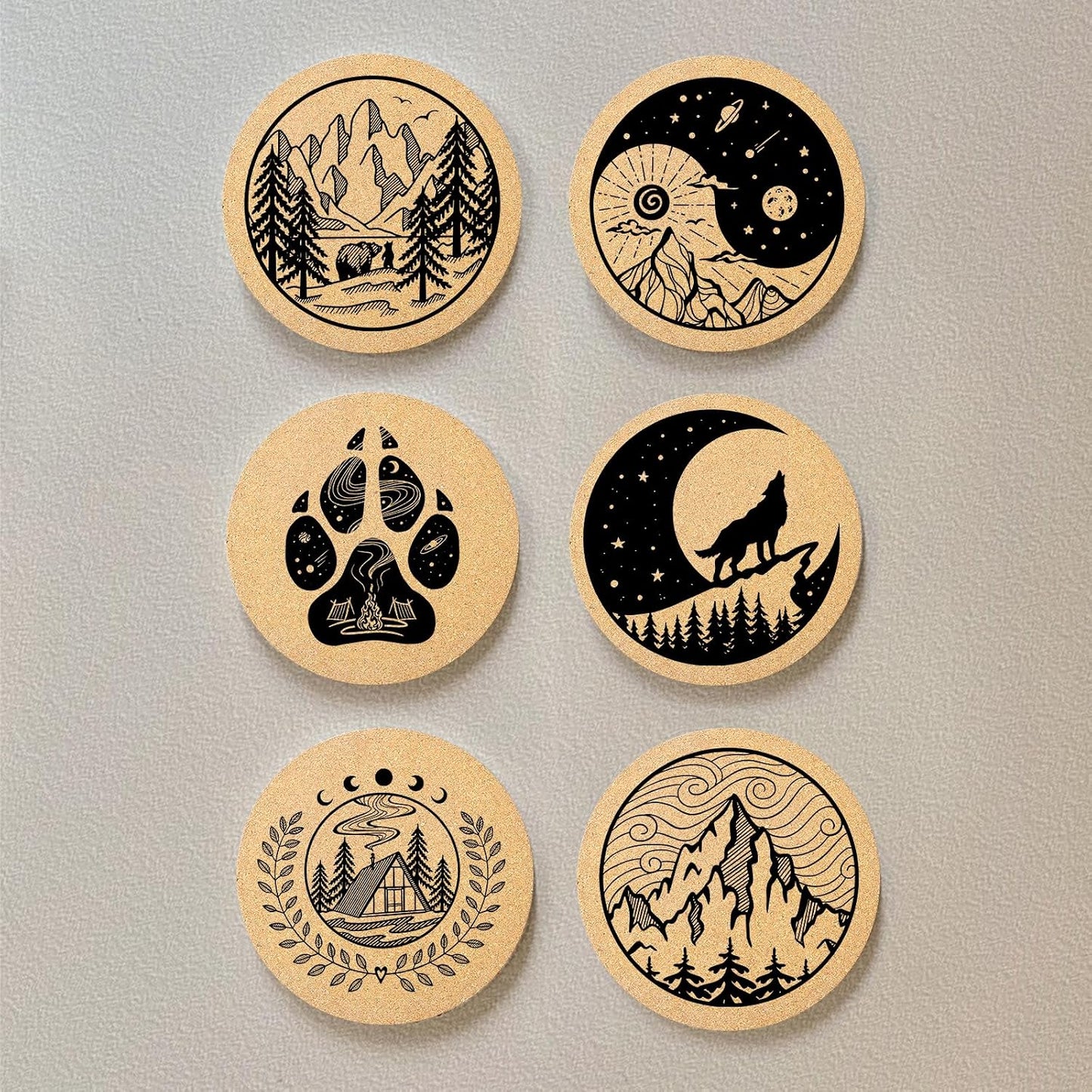 Holder / Cork Coaster Absorbent Wood for Cup Desk Office Table Kitchen Decor / Mountain / Set of 6
