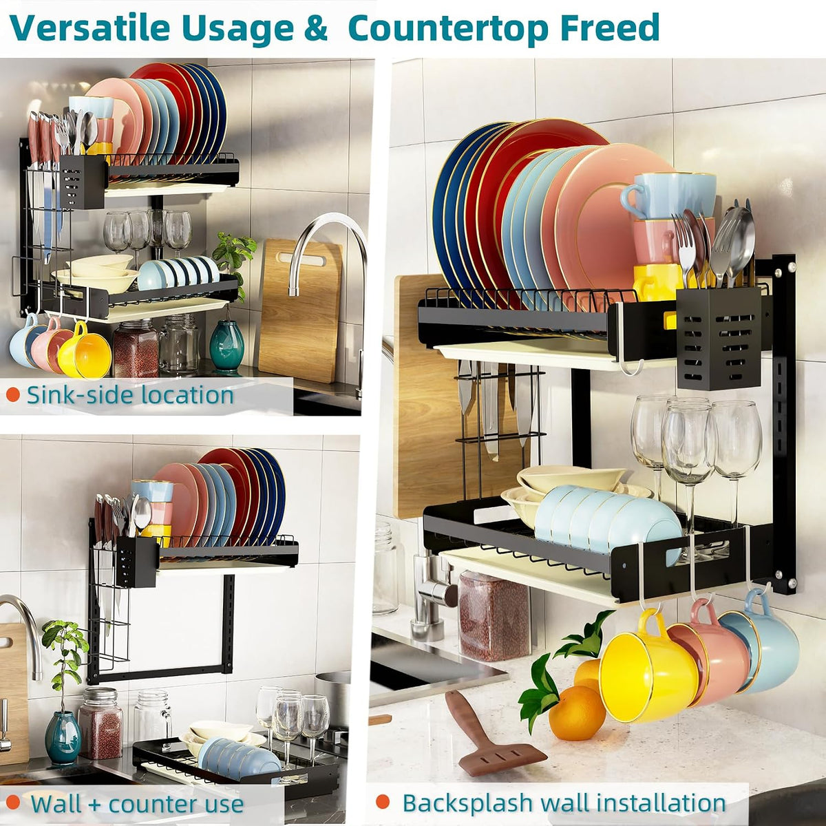 Hanging Wall Mounted Dish Drying Rack, Cutting Board Rack*1, Hook*4, Drain Tray*2, Apartment & RV Wall Mounted Dish