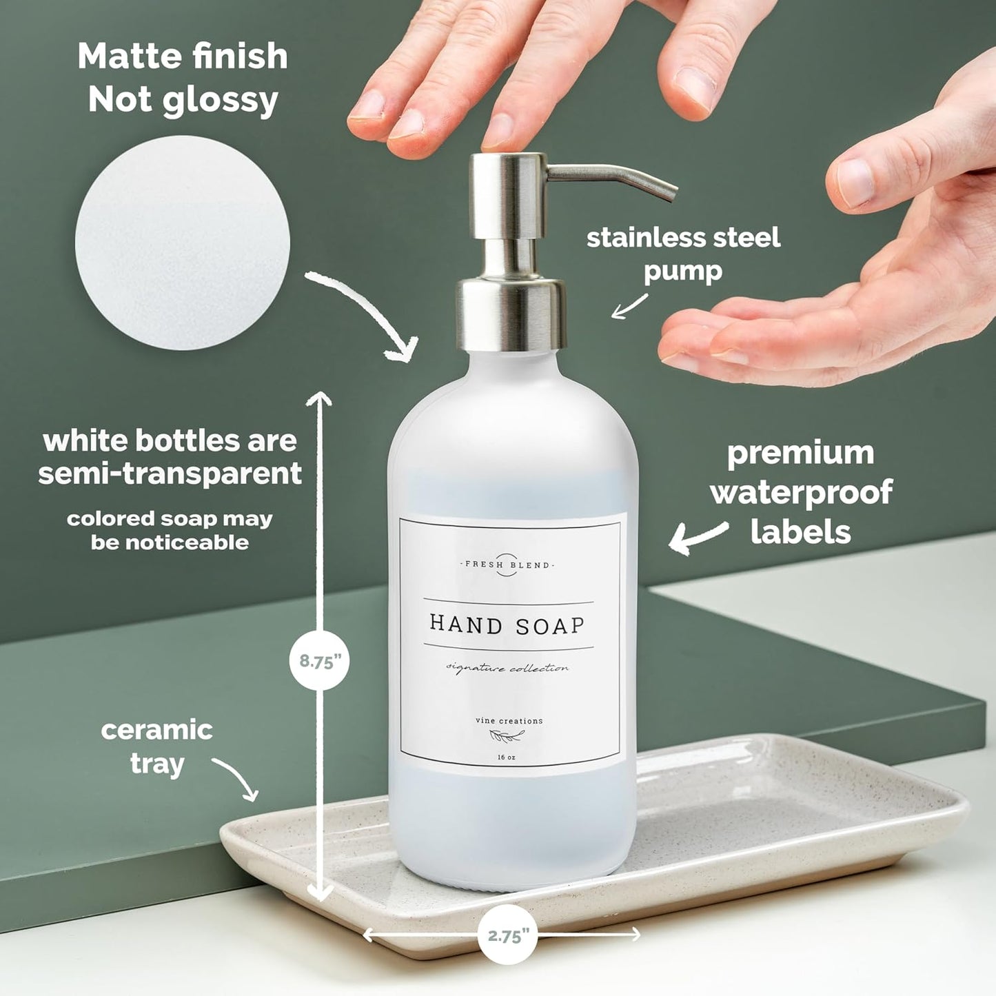 Vine Creations Glass Soap Dispenser, 2 Pack Kitchen Soap Dispenser Set with Ceramic Tray, Stainless Steel Pump, Dish
