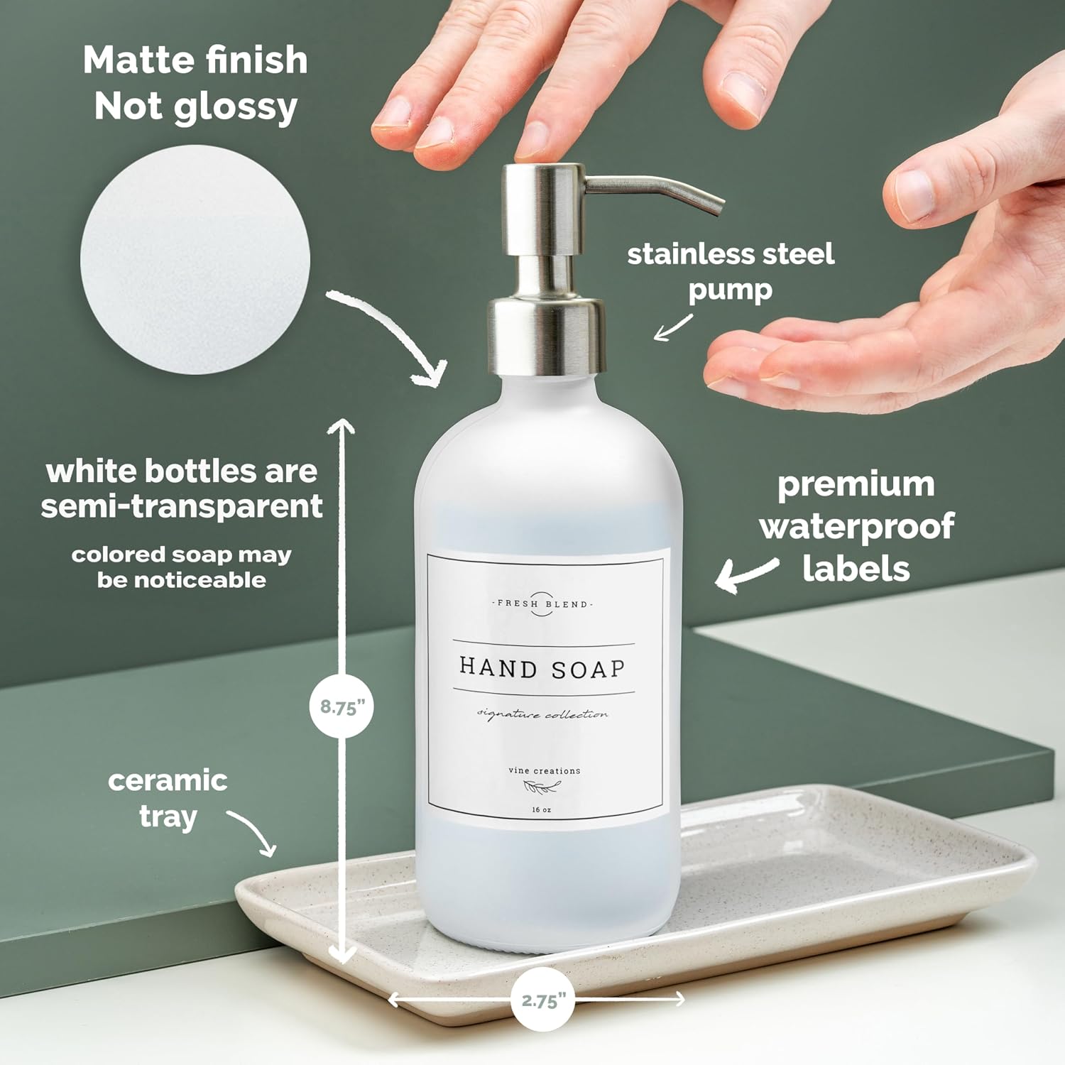 Vine Creations Glass Soap Dispenser, 2 Pack Kitchen Soap Dispenser Set with Ceramic Tray, Stainless Steel Pump, Dish