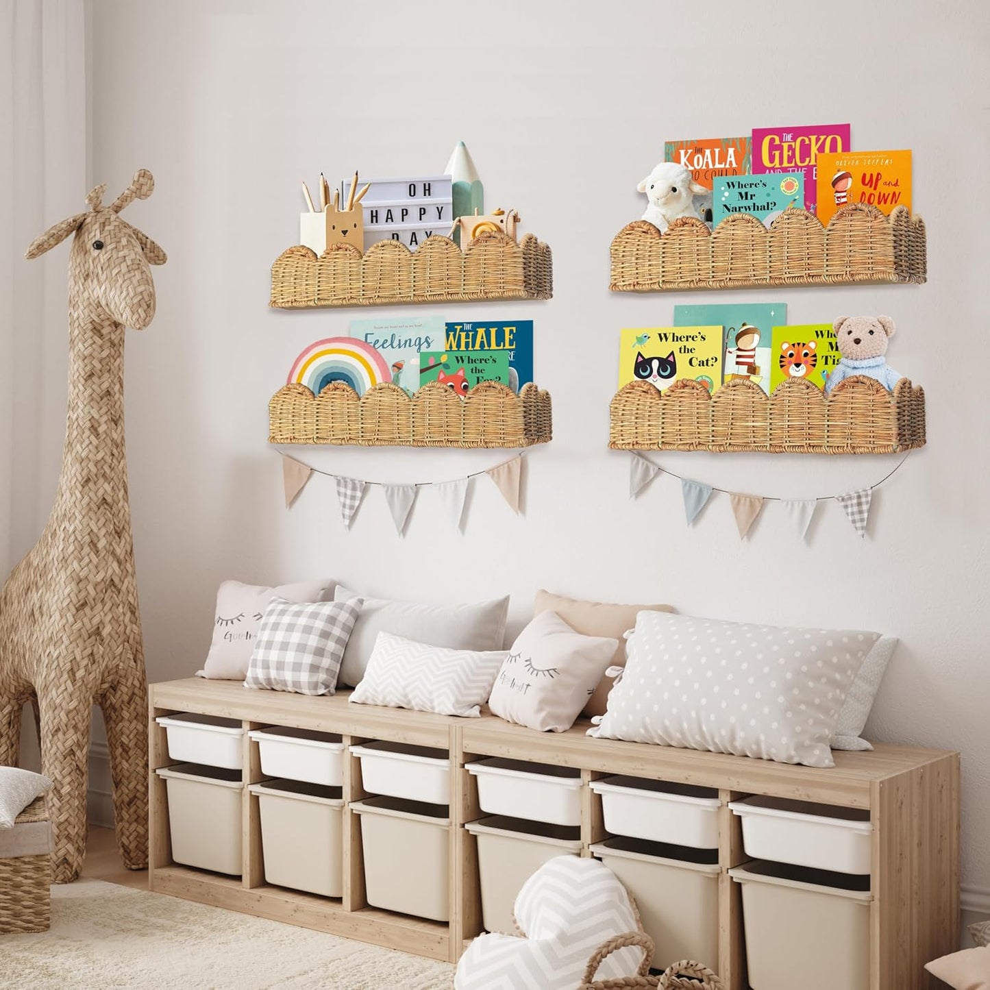 Artisanal Rattan Scalloped Book Shelf for Kids Rooms 15.8" W / Natural / Set of 2