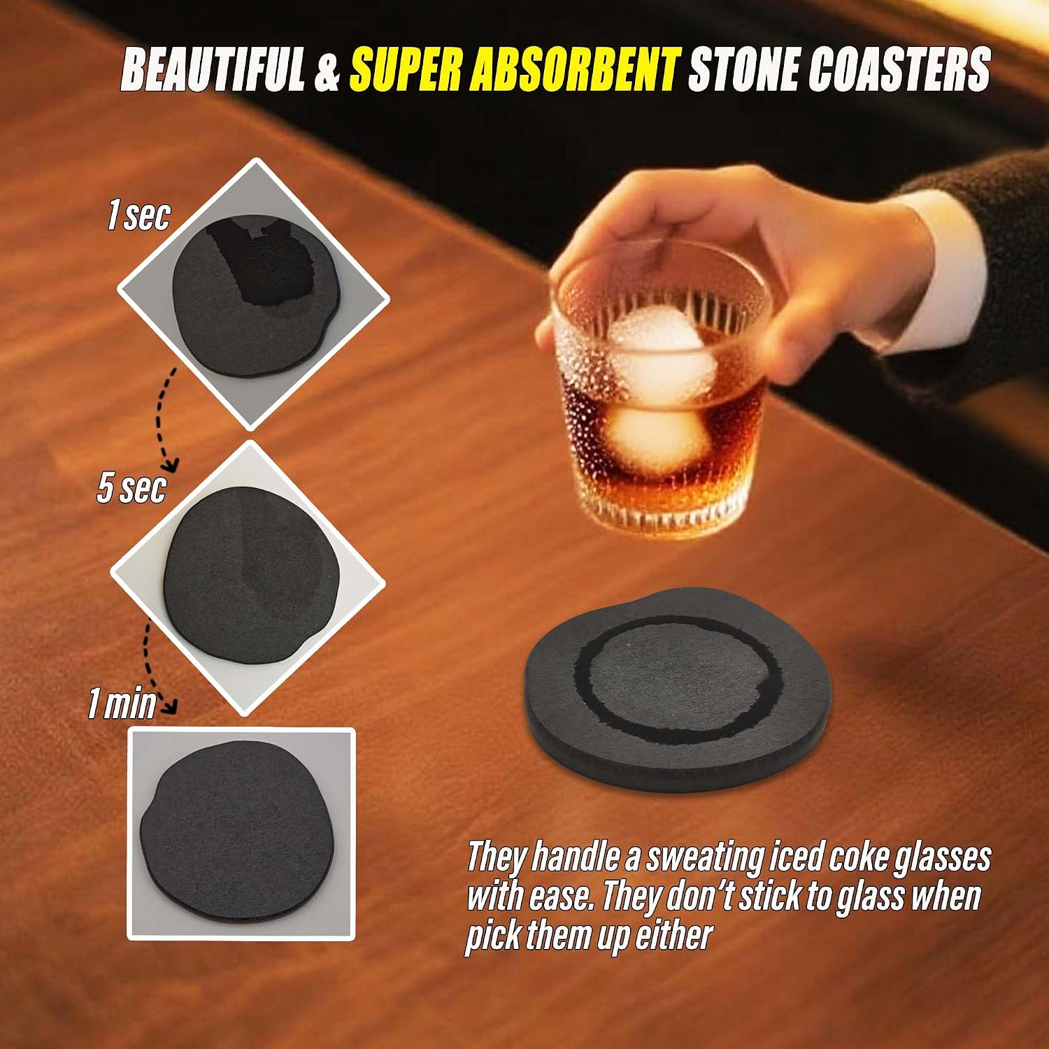 Absorbent Coasters for Drinks Modern Unique Aesthetic Stone Coaster for Desks / Dark Grey / Set of 6