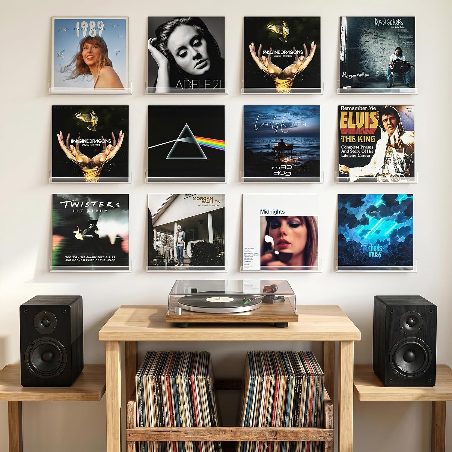 Gotega Vinyl Record Shelf Wall Mount 12 Pack, 12 inch Album Record Display | Clear Acrylic Floating Shelves for Wall