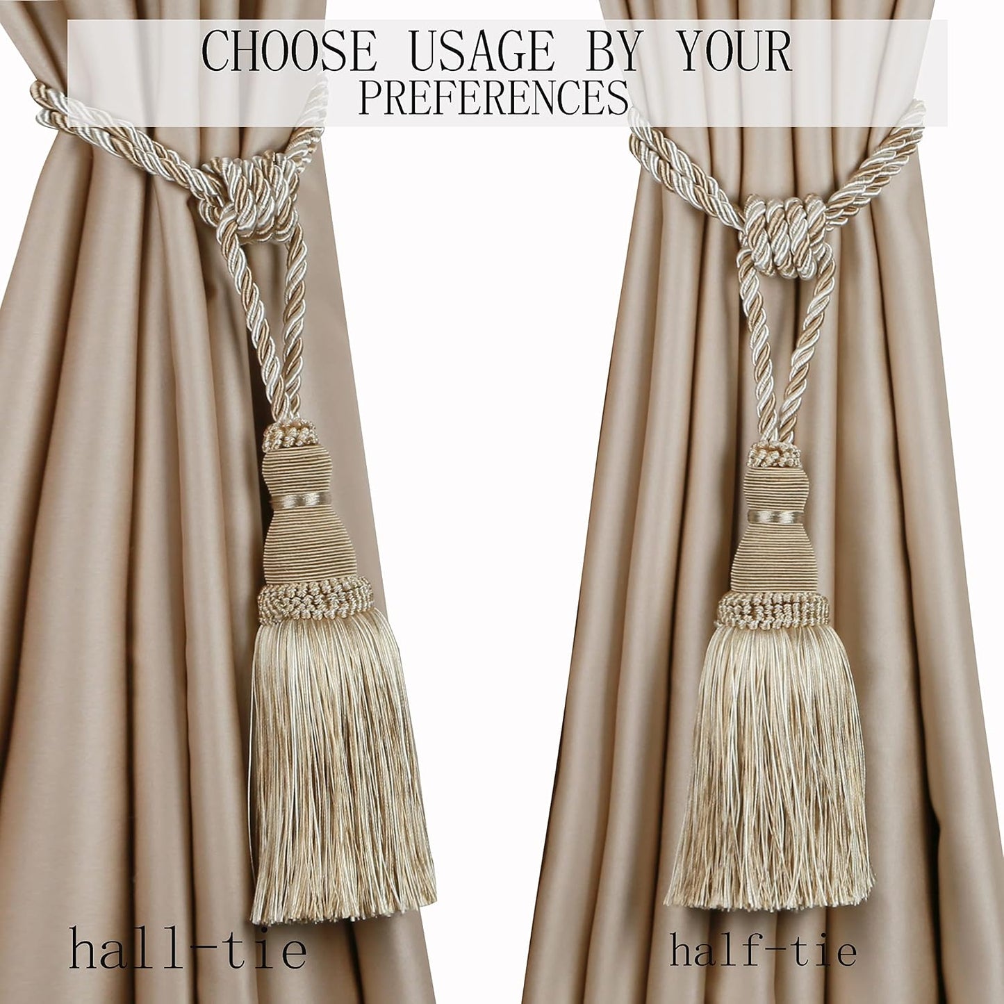 BEL AVENIR 4 Pack Curtain Tiebacks Tassel Drapery Tie-Backs Rope Holdbacks | Handmade, Home Office Hotel Decorative