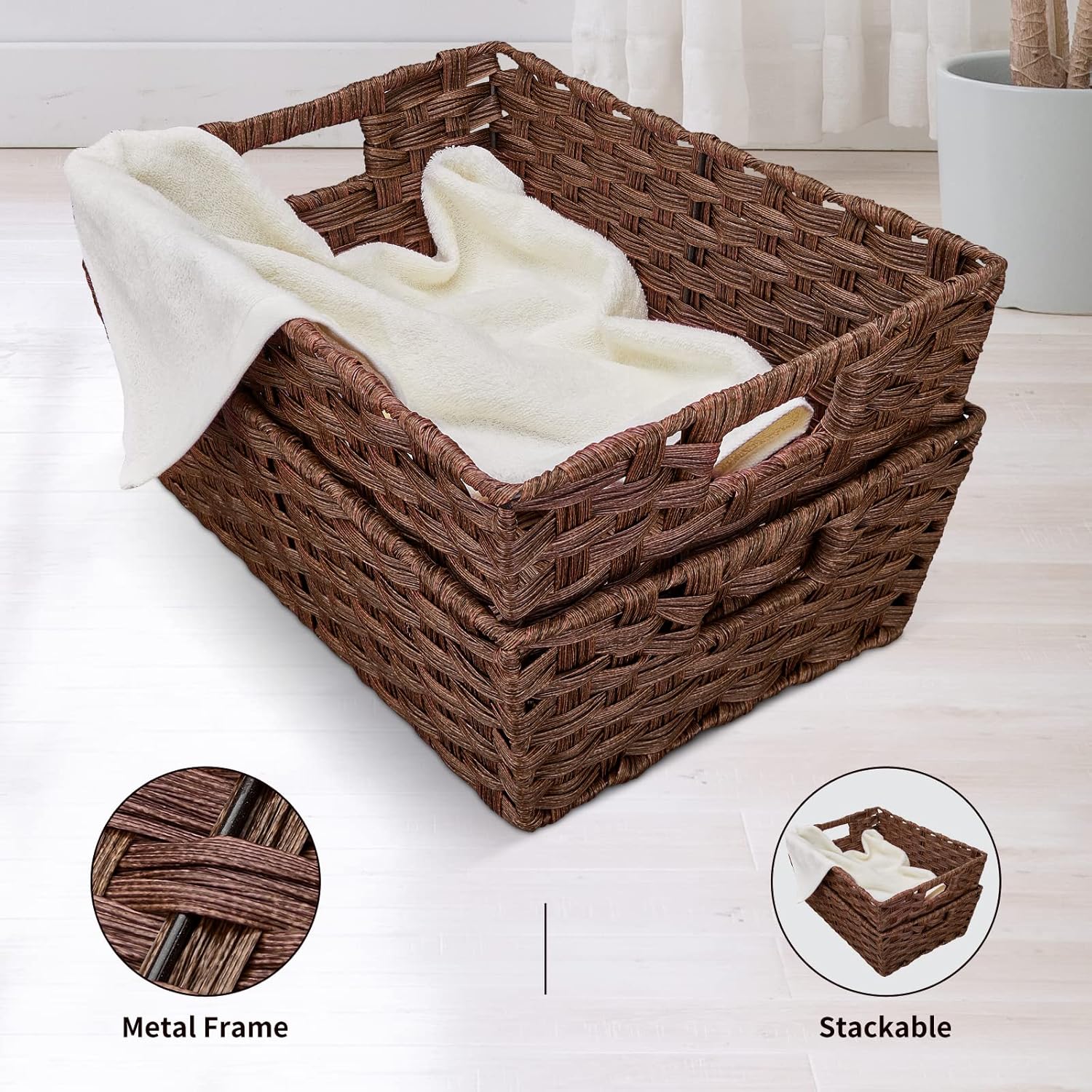 Metal Frame / Large Wicker Storage Basket / 15 x 10.3 x 5.2 / Brown / Set of 2