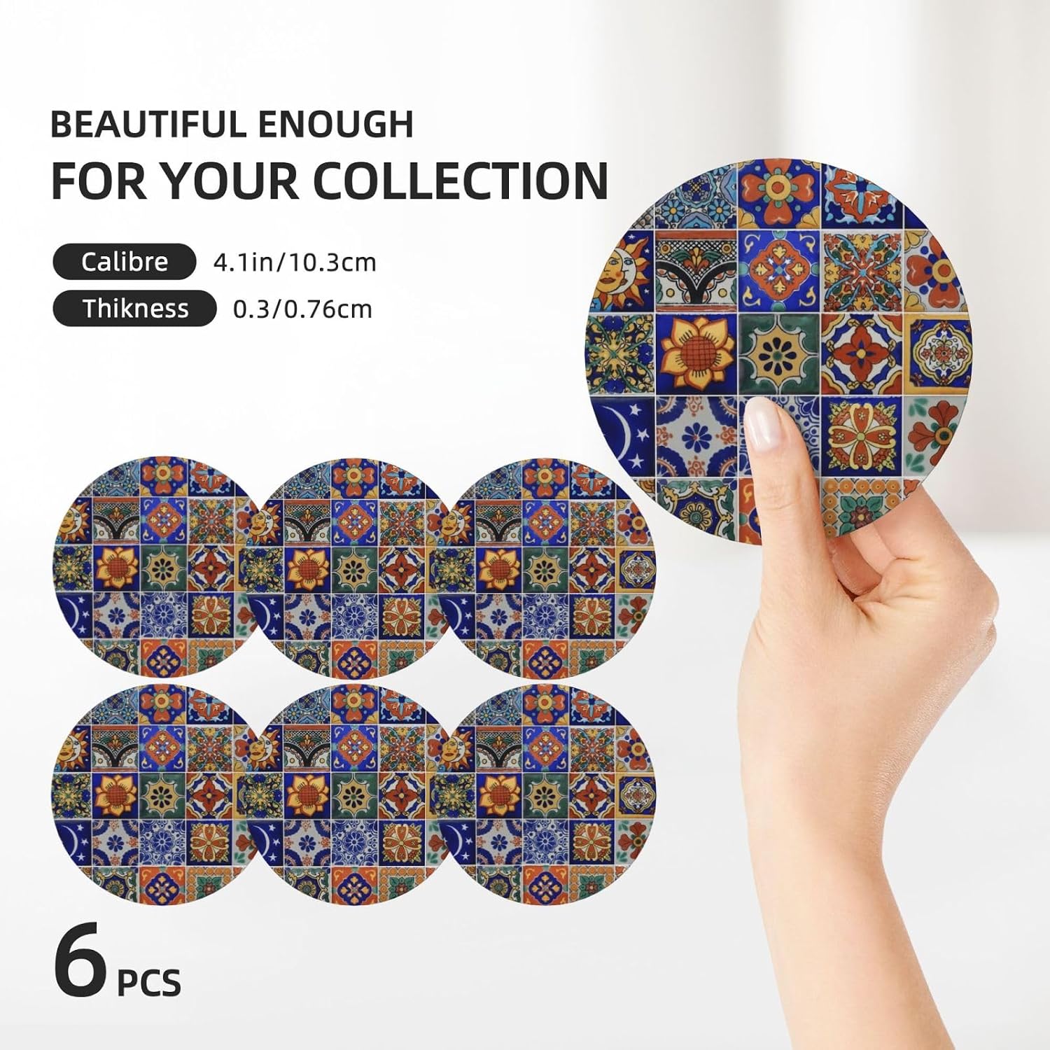 Vintage Mexican Talavera Tiles Coaster Set / Boho Mexican Tile / Round / Set of 6