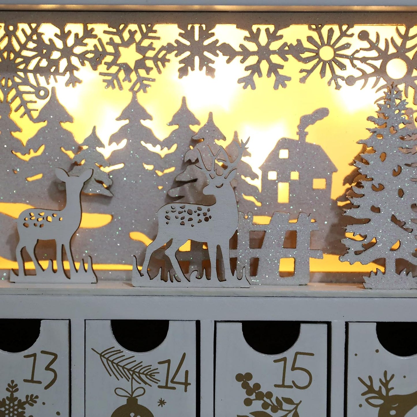 Christmas Wooden Advent Calendar Book with LEDs White & Gold Christmas Reindeer Countdown Holiday Gifts with 24 Drawers
