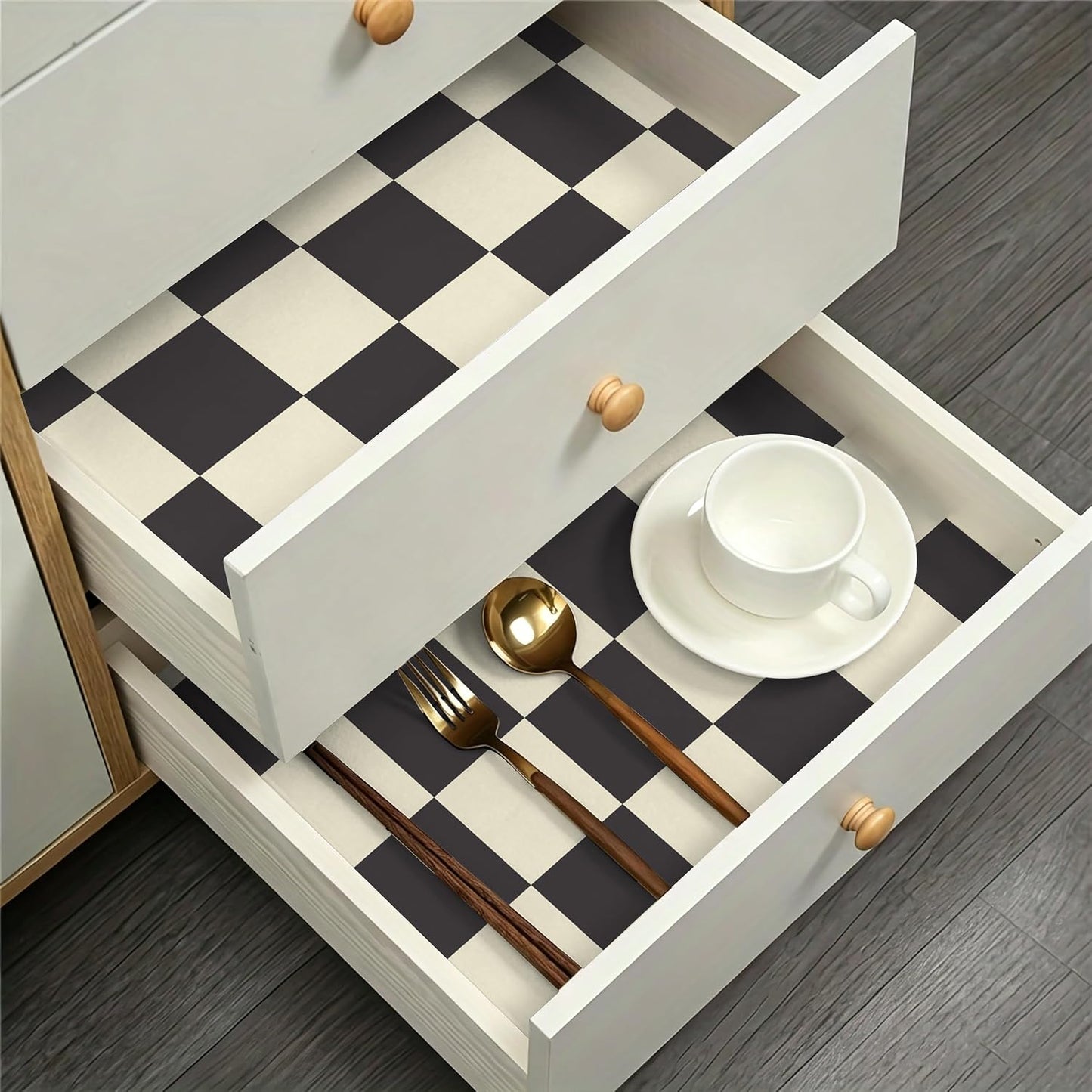 Checkered Wallpaper Black and White Cream Peel and Stick Wallpaper / 17.3 x 393.7 / Black and Cream
