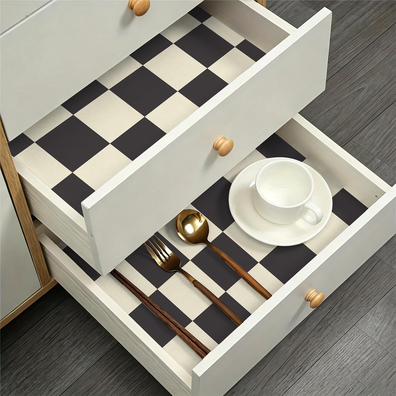 Checkered Wallpaper Black and White Cream Peel and Stick Wallpaper / 17.3 x 393.7 / Black and Cream