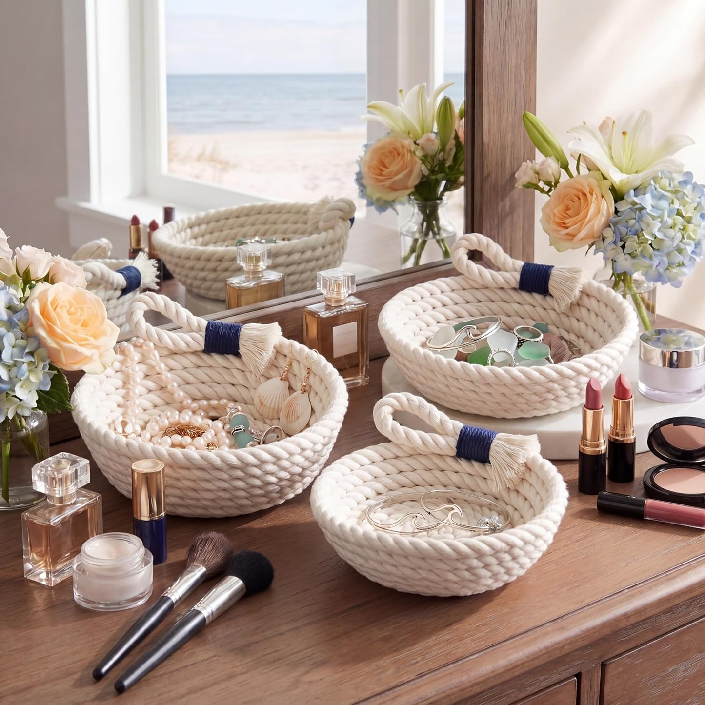 Coastal Centerpiece Woven Baskets Small Seashell Baskets / 5 Inch / Set of 3