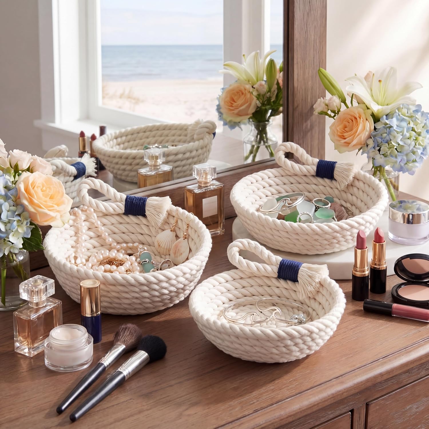Coastal Centerpiece Woven Baskets Small Seashell Baskets / 5 Inch / Set of 3