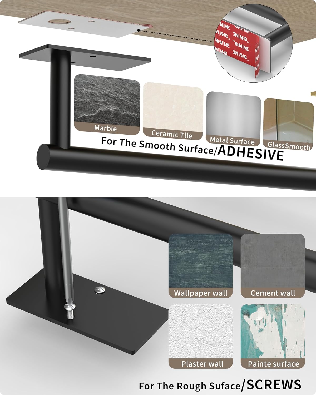 Black Paper Towel Holder Under Cabinet with 2 Hooks Self Adhesive | 304 Stainless Steel Post Pivoting Design Wall