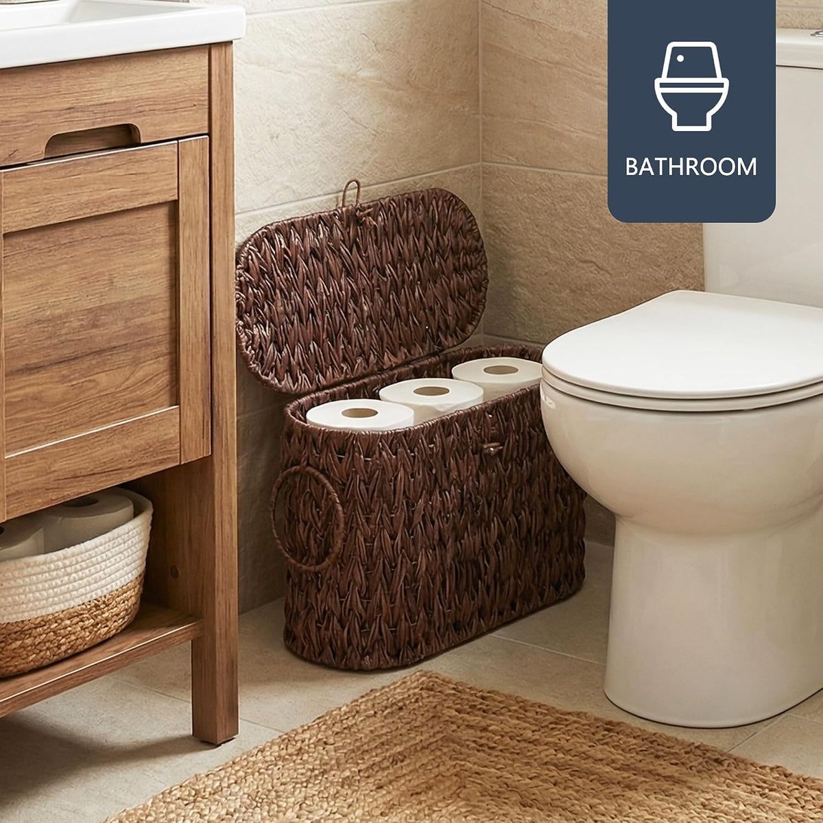 Coeusy Toilet Paper Basket with Lid, Wicker Basket for Bathroom Organizers and Storage, Holds Up to 6 Mega Rolls