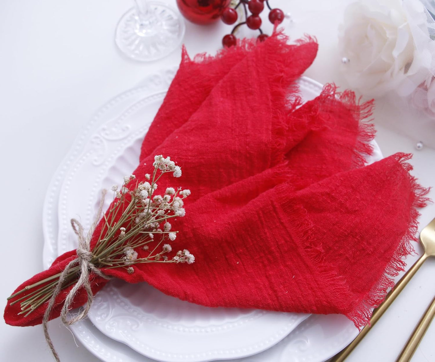 Fall Cloth Napkins with Fringe, Cotton Gauze Napkins Set of 12, Red | Boho Rustic Dinner Napkins, 16 x 16 Inch Washable