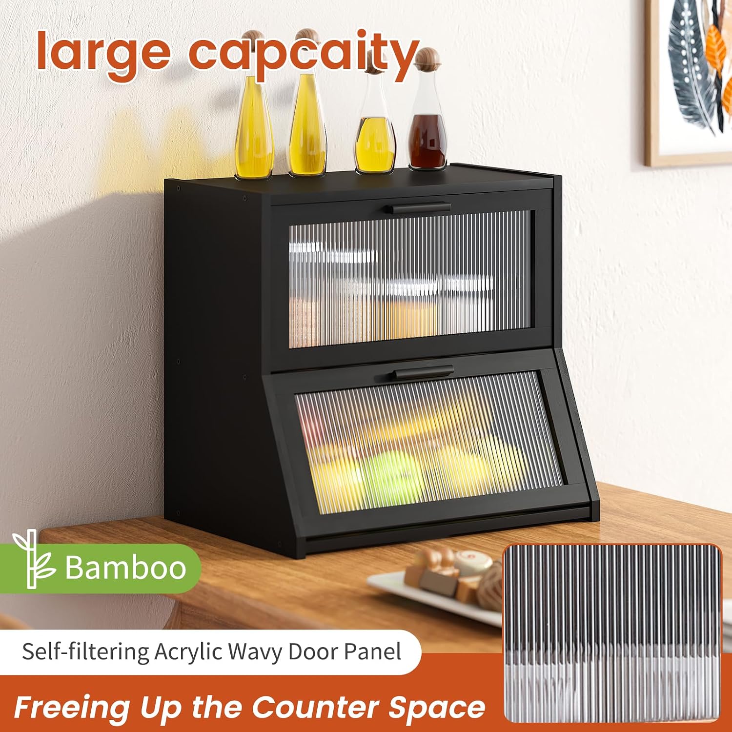 GHWIE Double Layer Bamboo Bread Box for Kitchen Counter,Large Capacity Storage Bin with Acrylic Wavy Door Panel (Black