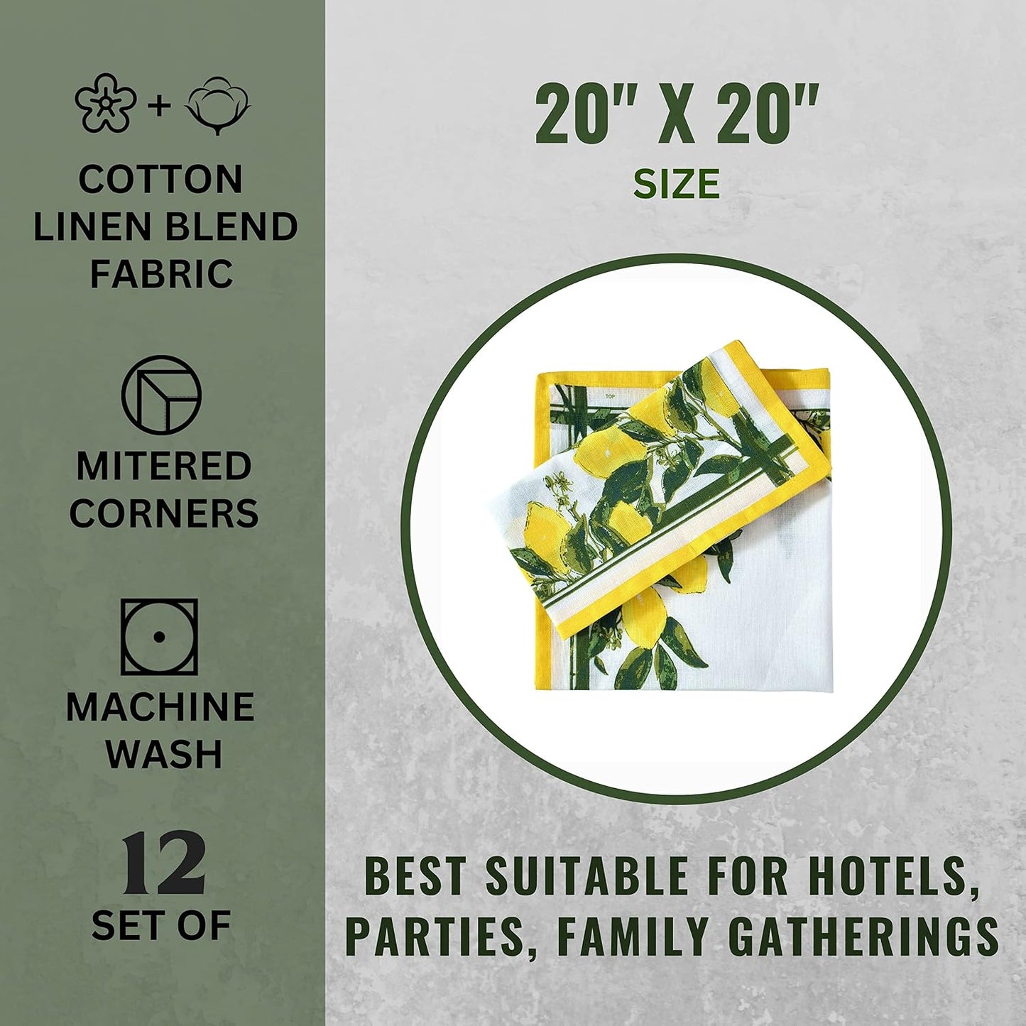 FINGERCRAFT Cloth Napkins Set of 12 Cotton Linen, 20x20 Inch, Lemon Print | Mitered corner, washable, soft, absorbent