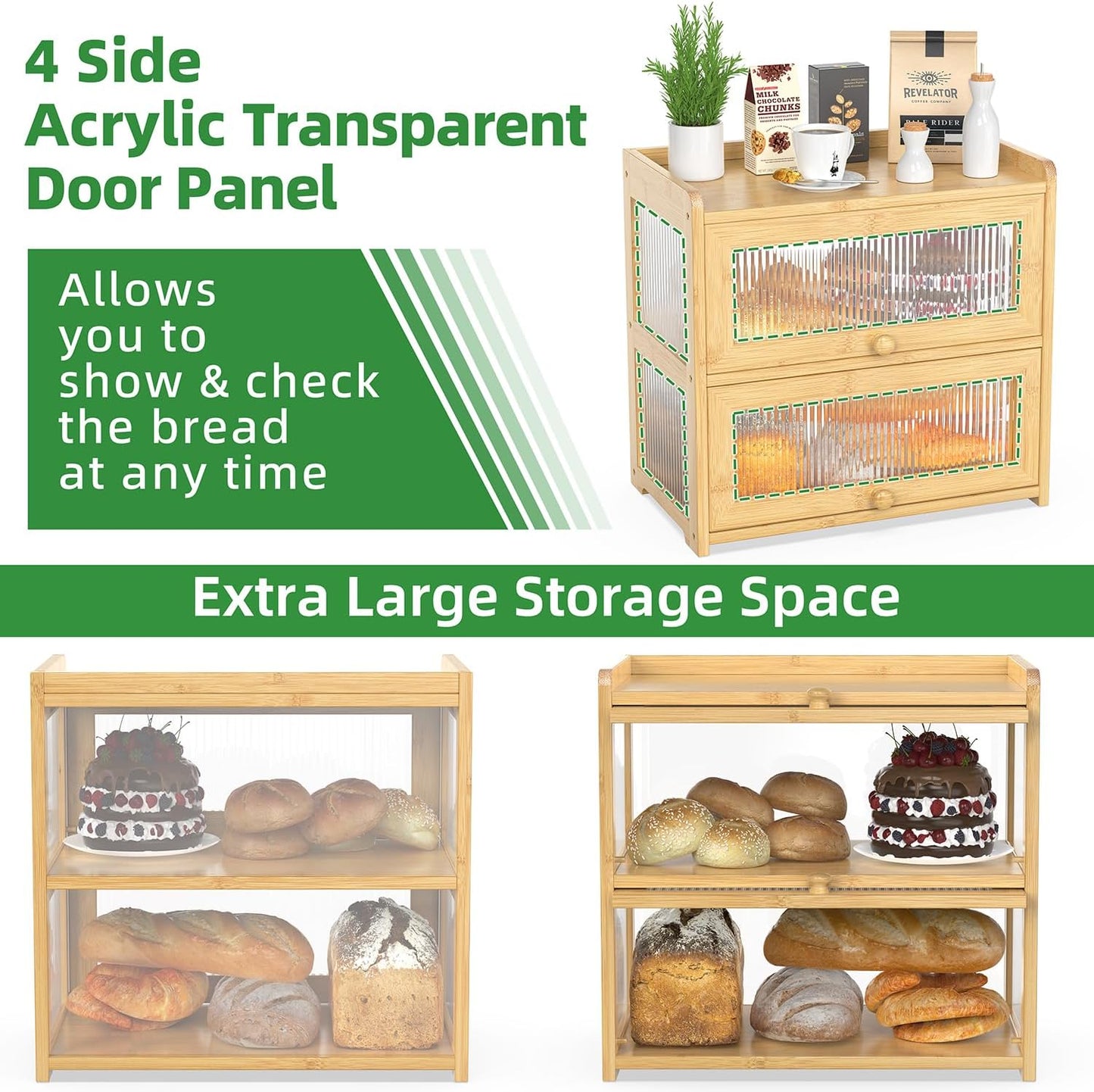 BAMBANG Extra Large Bamboo Bread Box for Kitchen Counter, Double Layer Bread Storage Container Farmhouse Bread Box with