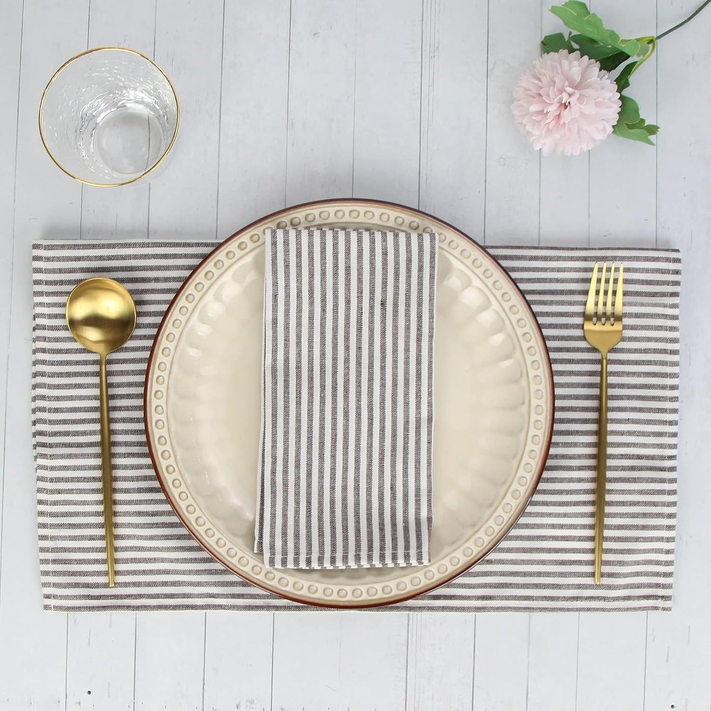 Plain Striped Cotton Linen Blended Dinner Cloth Napkins - Set of 12 (17 x 17 inches) - for Events & Home Use (Brown)