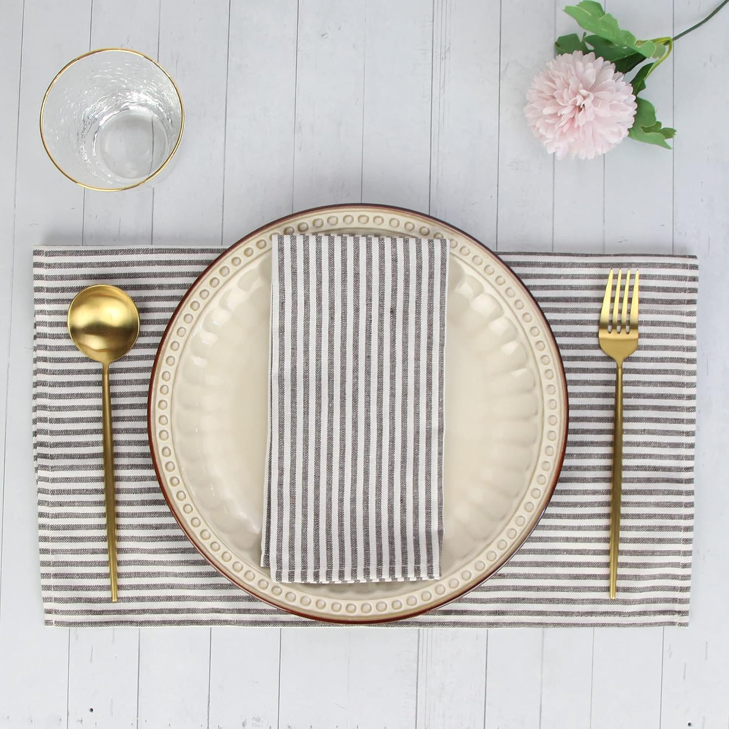 Plain Striped Cotton Linen Blended Dinner Cloth Napkins - Set of 12 (17 x 17 inches) - for Events & Home Use (Brown)