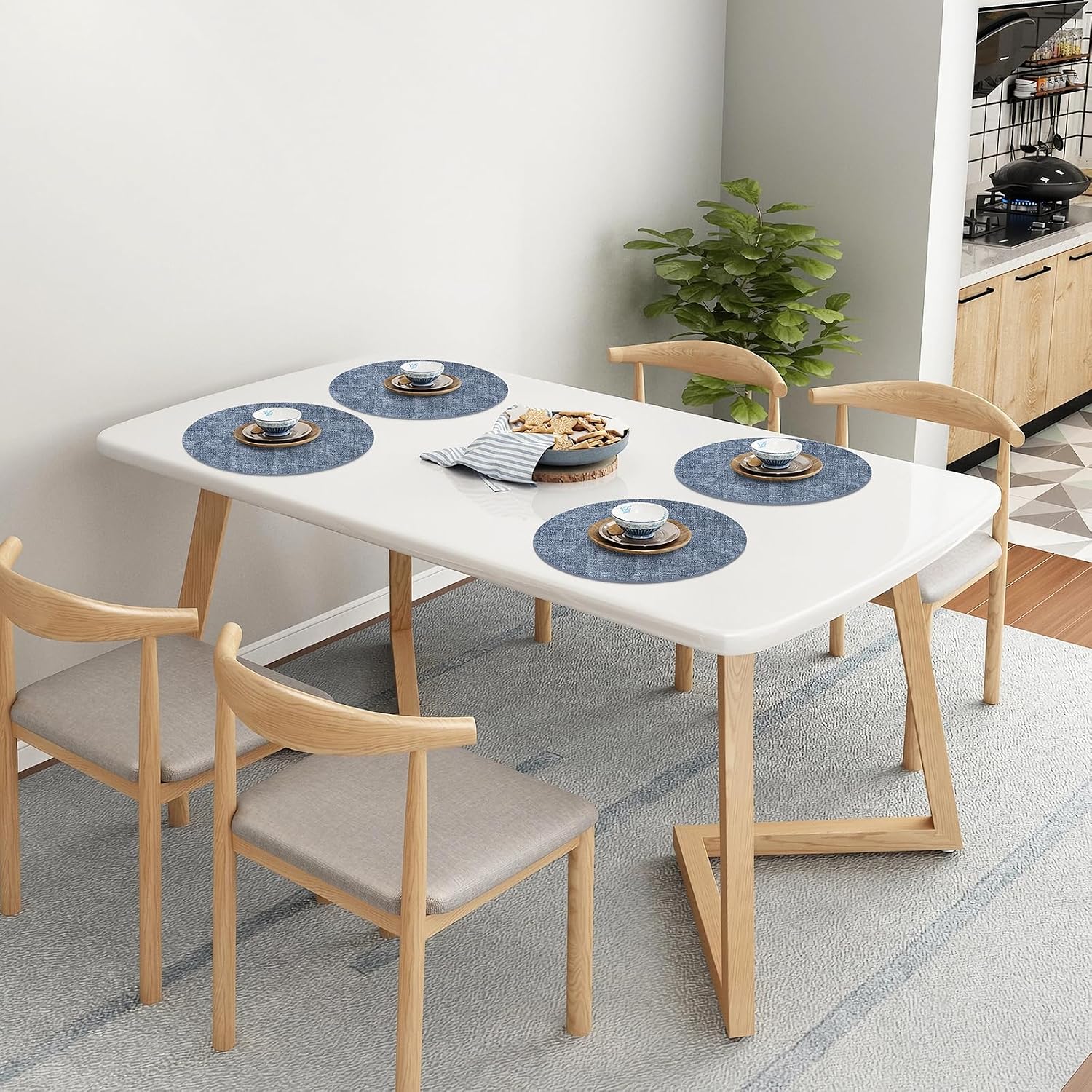 Homaxy Round Faux Leather Placemats and Coasters, Set of 12, Blue | Washable Dual-side Table Mats, Wipeable Place Mats