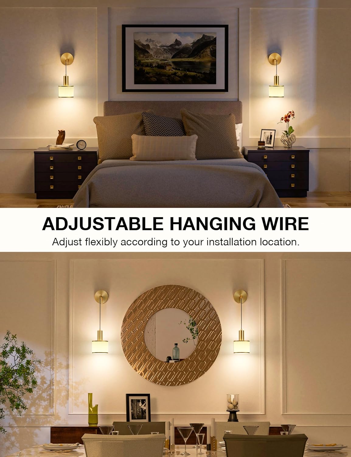 Battery Operated Wall Sconce Set of 2, Gold & Off-White Wireless Rechargeable Wall Lights with 5200mAh Dimmable