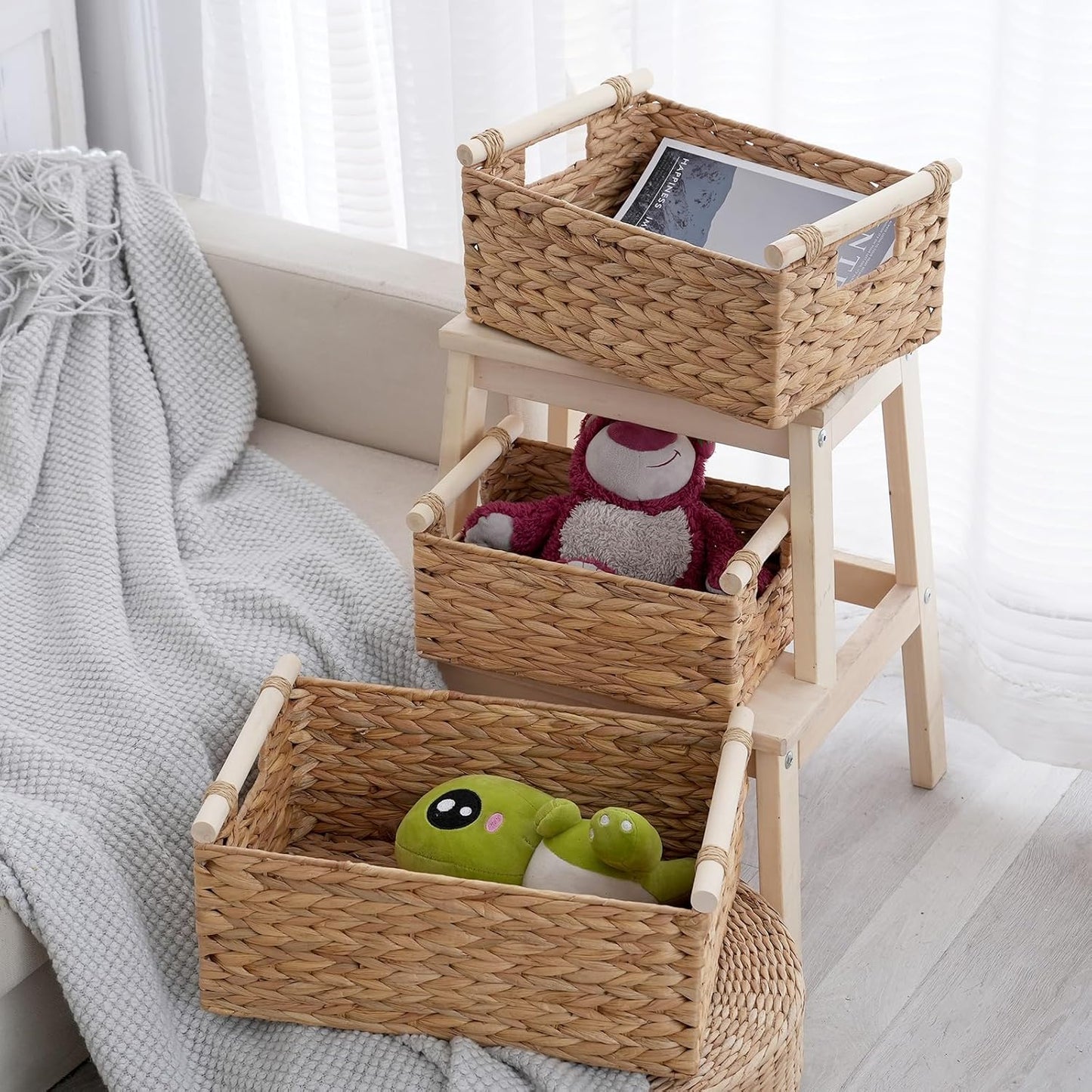 Woven Storage Baskets Set / 3PC / Rectangle / Natural / Set of 3