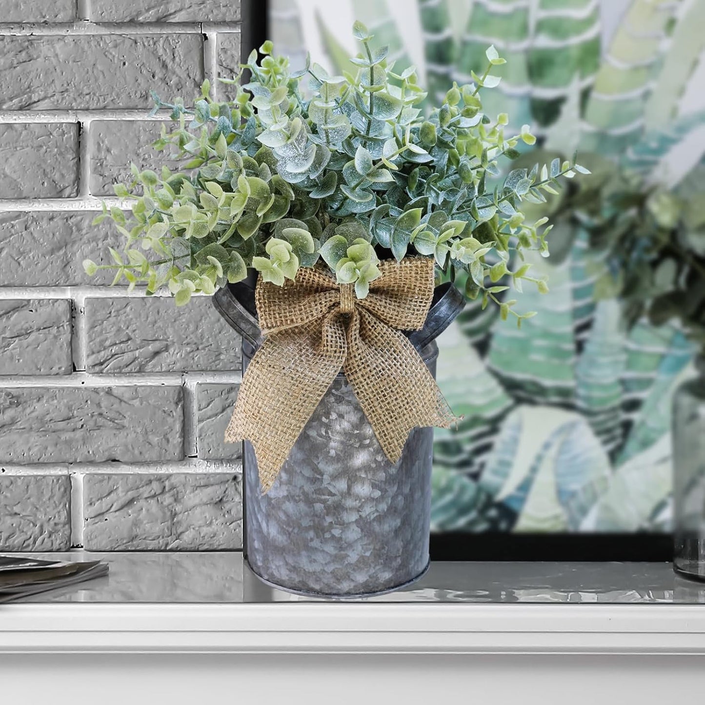 Farmhouse Faux Eucalyptus Arrangement Centerpiece Rustic Galvanized Metal Milk Can Vase Artificial