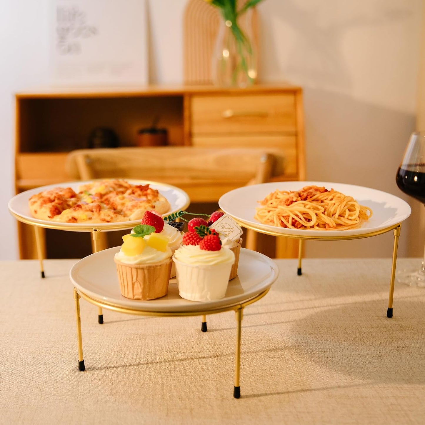 HPC DECOR Gold Metal Wire Pizza Pan Riser Stands-Round Pizza Tray Riser Rack / Gold Round / Set of 3