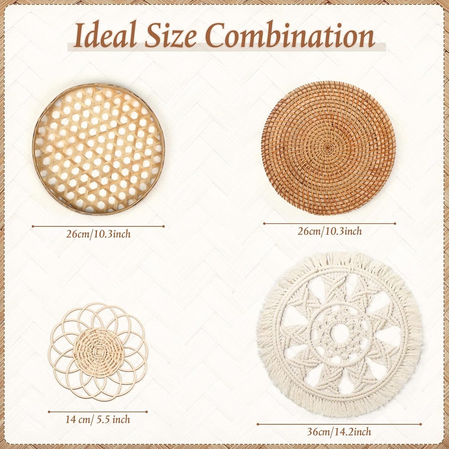 Boho Wall Basket Decor Round Rattan Hollow Bamboo Baskets Flower Shape Flat Woven Wall / Set of 4