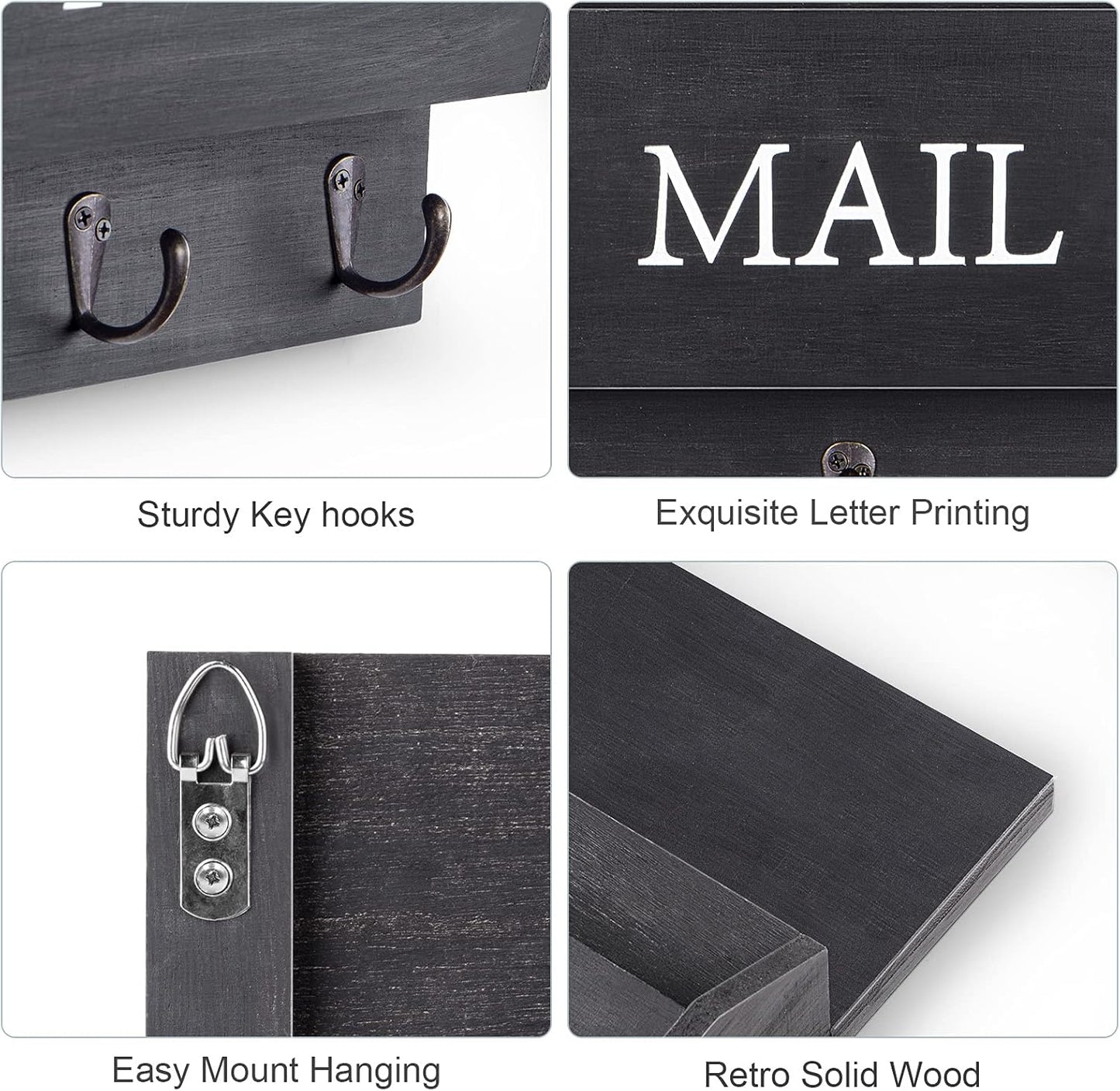 Decorative Wooden Key and Mail Holder / Black / Wall Mount