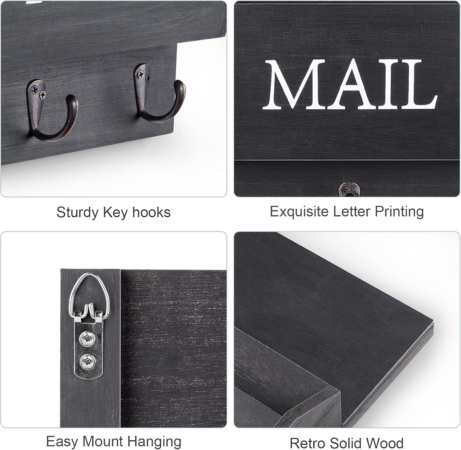Decorative Wooden Key and Mail Holder / Black / Wall Mount