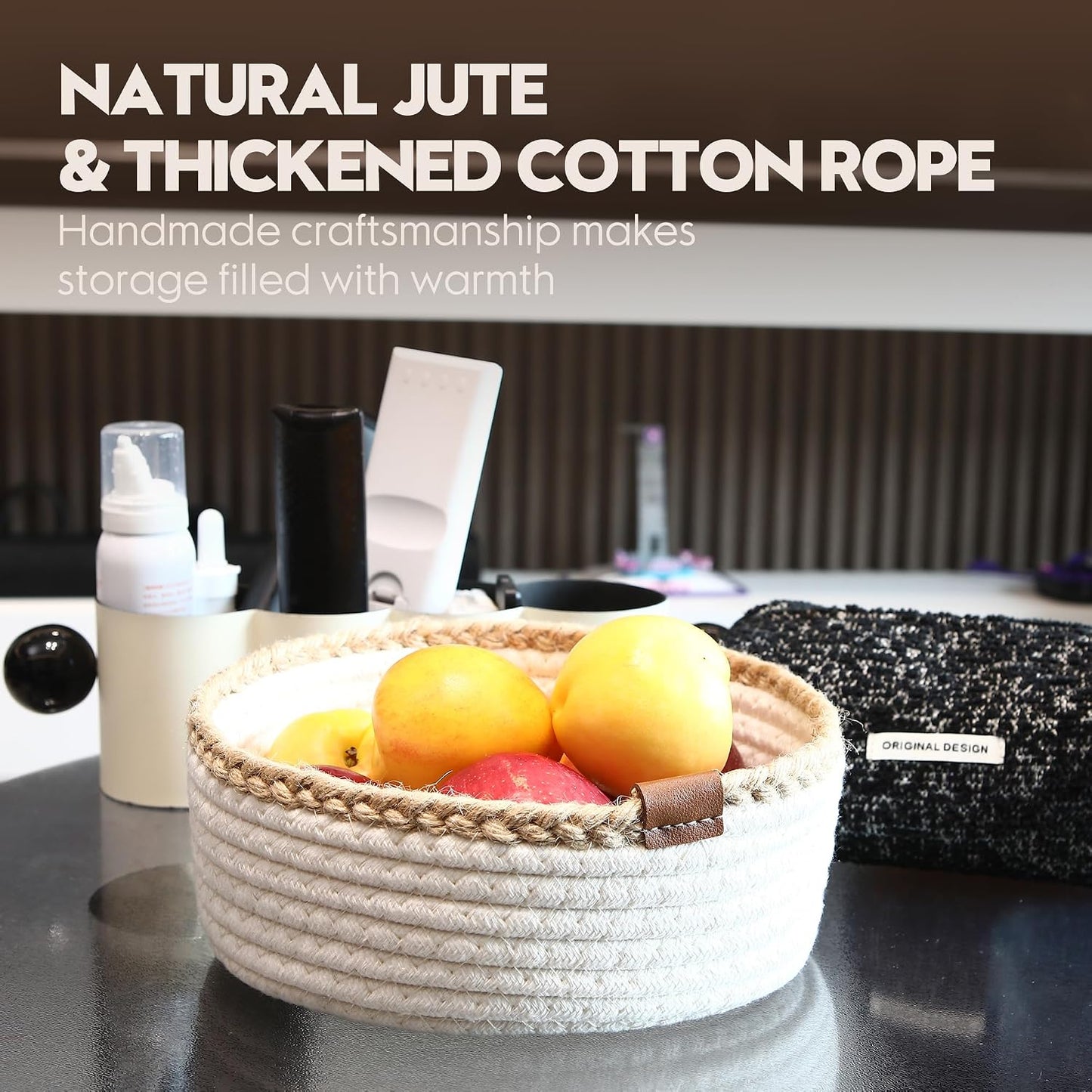 Small Cotton Rope Storage Basket Set / White & Jute / Set of 3