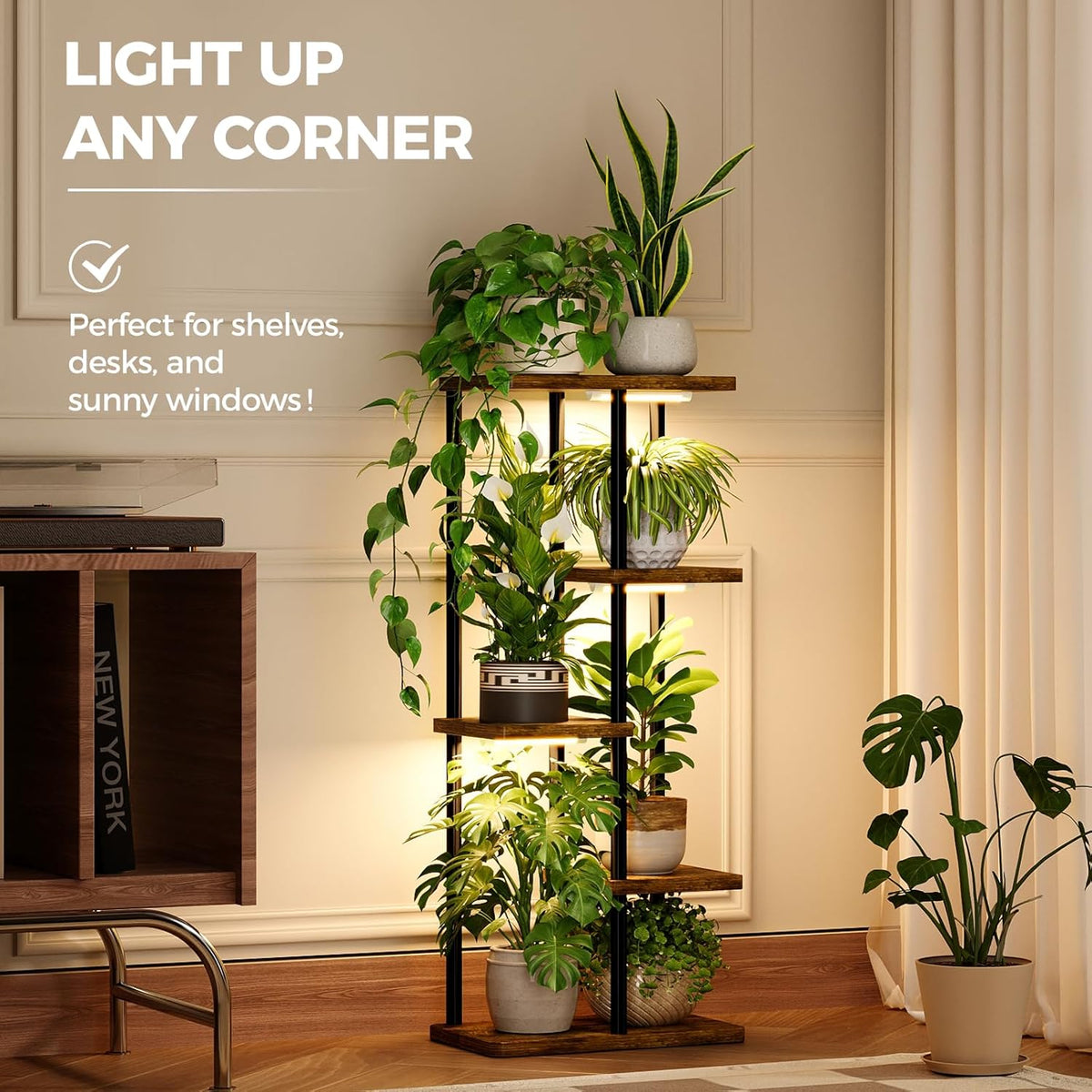Bamworld Indoor Plant Stand with Grow Light Corner 5Tier | Metal Plant Shelf Wood Flower Stand for Home Living Room
