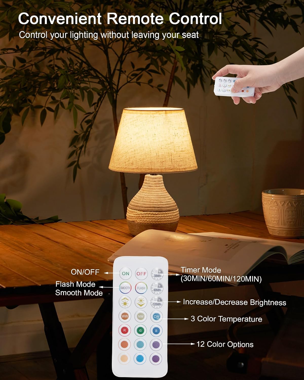 10" H Small Rechargeable Cordless Ceramic Table Lamp, Coastal | Remote Control RGB, Warm White Light, Timer, Dimmer