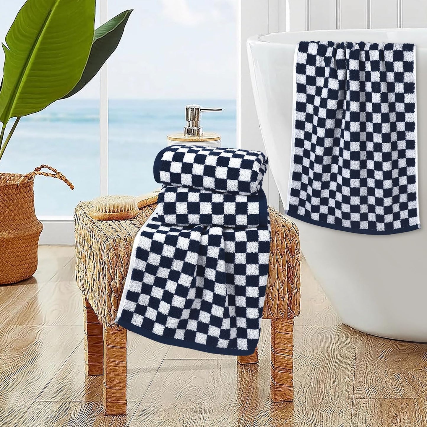 Navy Blue Hand Towels 4 Pack, Cotton Decorative Bathroom Hand Towel | Checkered Kitchen Decor, 13" x 29"