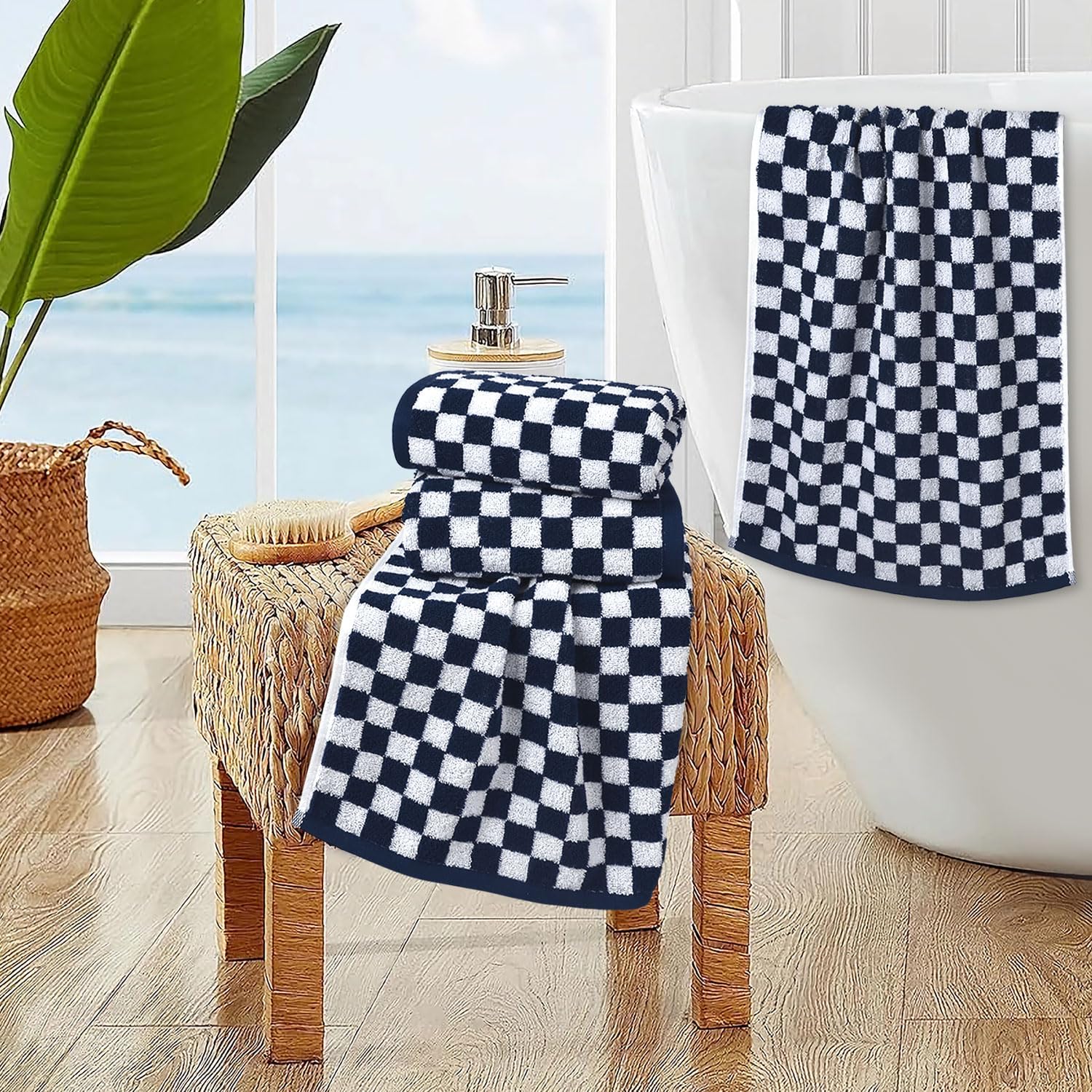 Navy Blue Hand Towels 4 Pack, Cotton Decorative Bathroom Hand Towel | Checkered Kitchen Decor, 13" x 29"